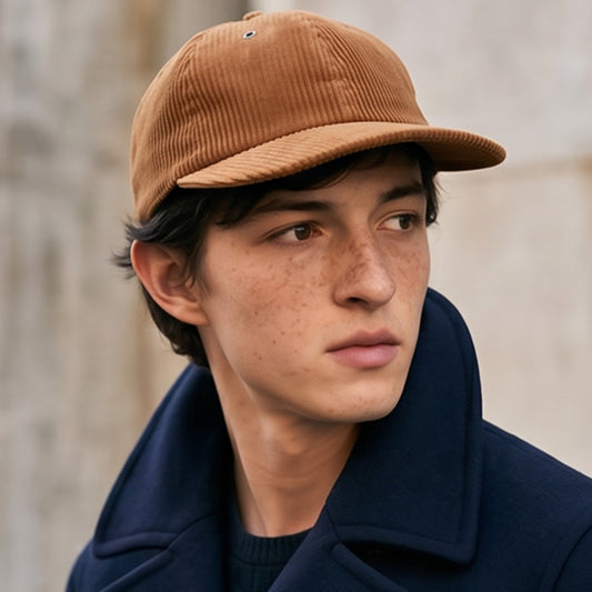 Person wearing a brown corduroy cap and dark coat against a neutral background
