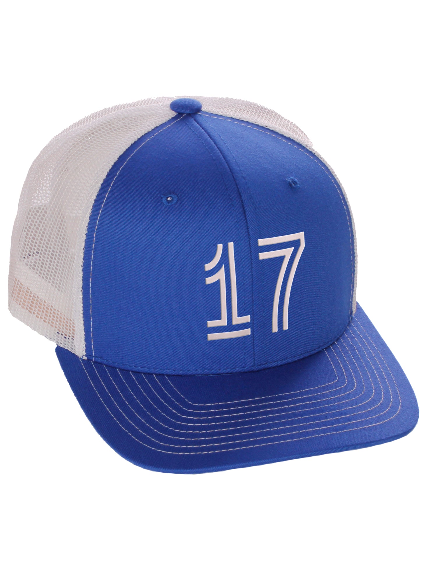 Daxton Team Numbers Structured Trucker Mesh Hat Mid Profile Cap, Royal White