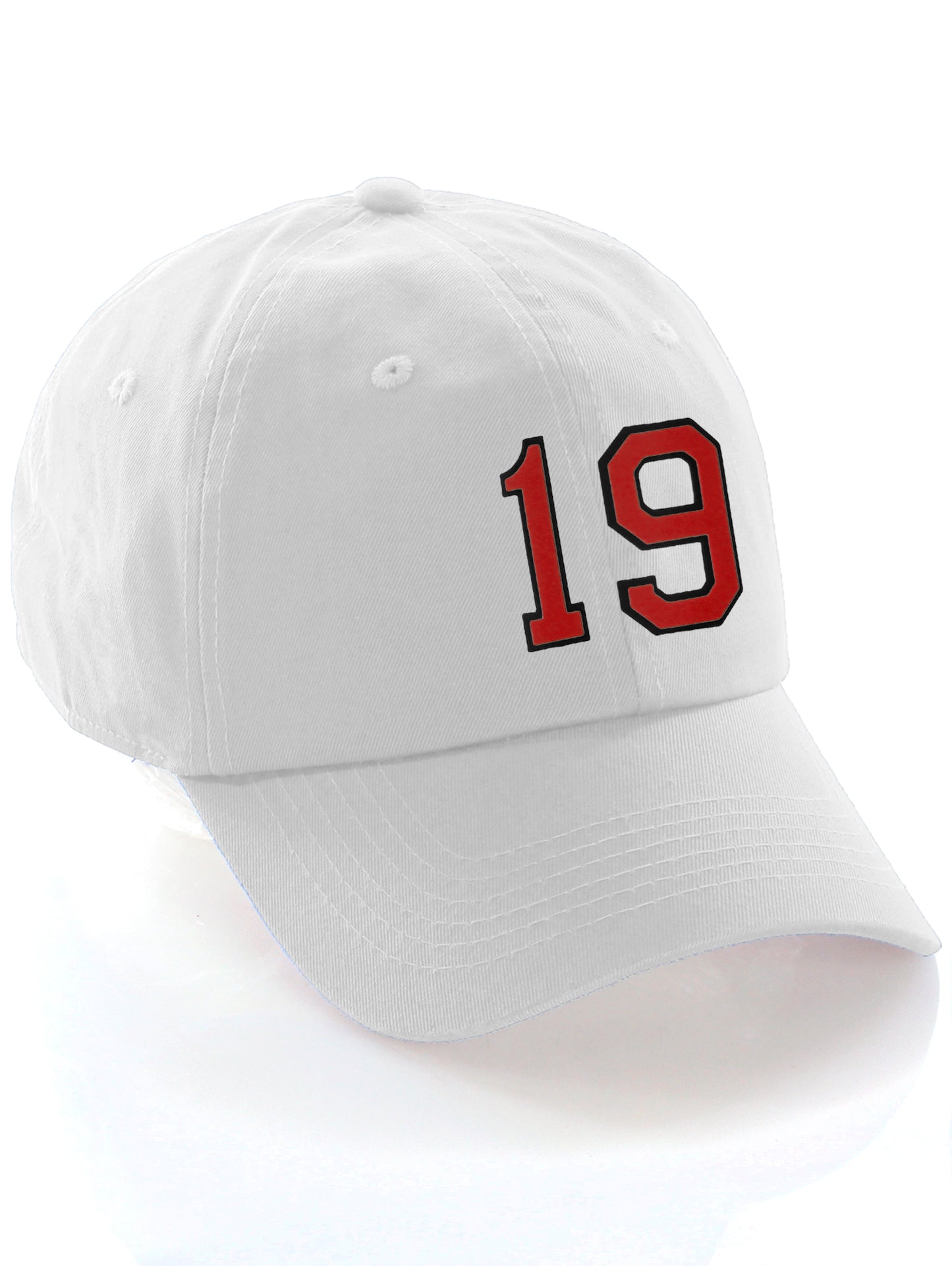 I&W Hatgear Customized Number Hat 00 to 99 Team Colors Baseball Cap, White Hat Black Red