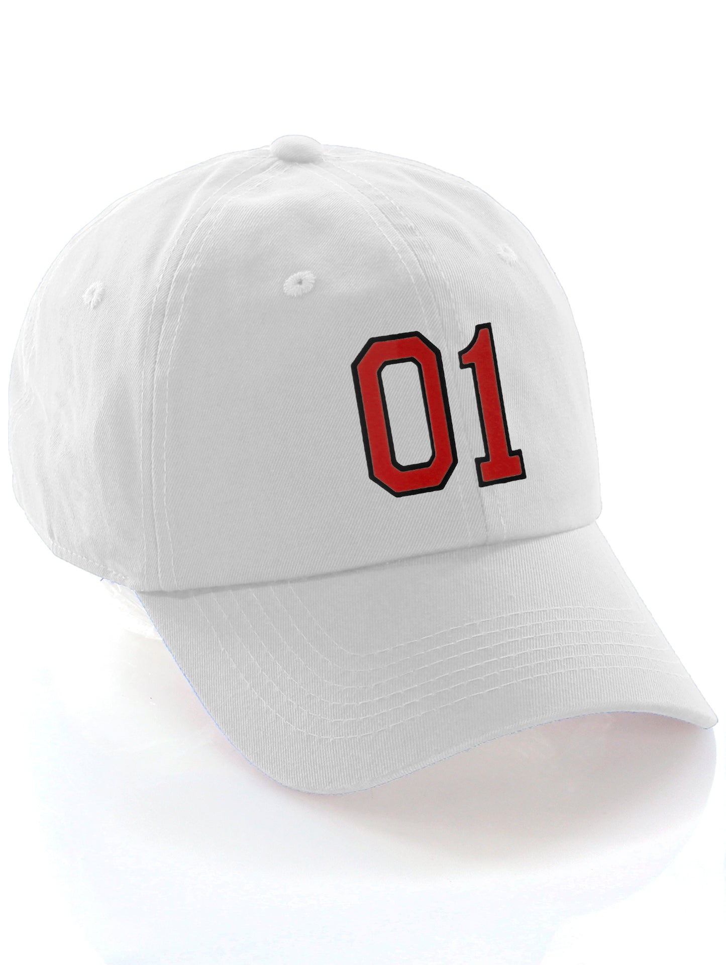 I&W Hatgear Customized Number Hat 00 to 99 Team Colors Baseball Cap, White Hat Black Red