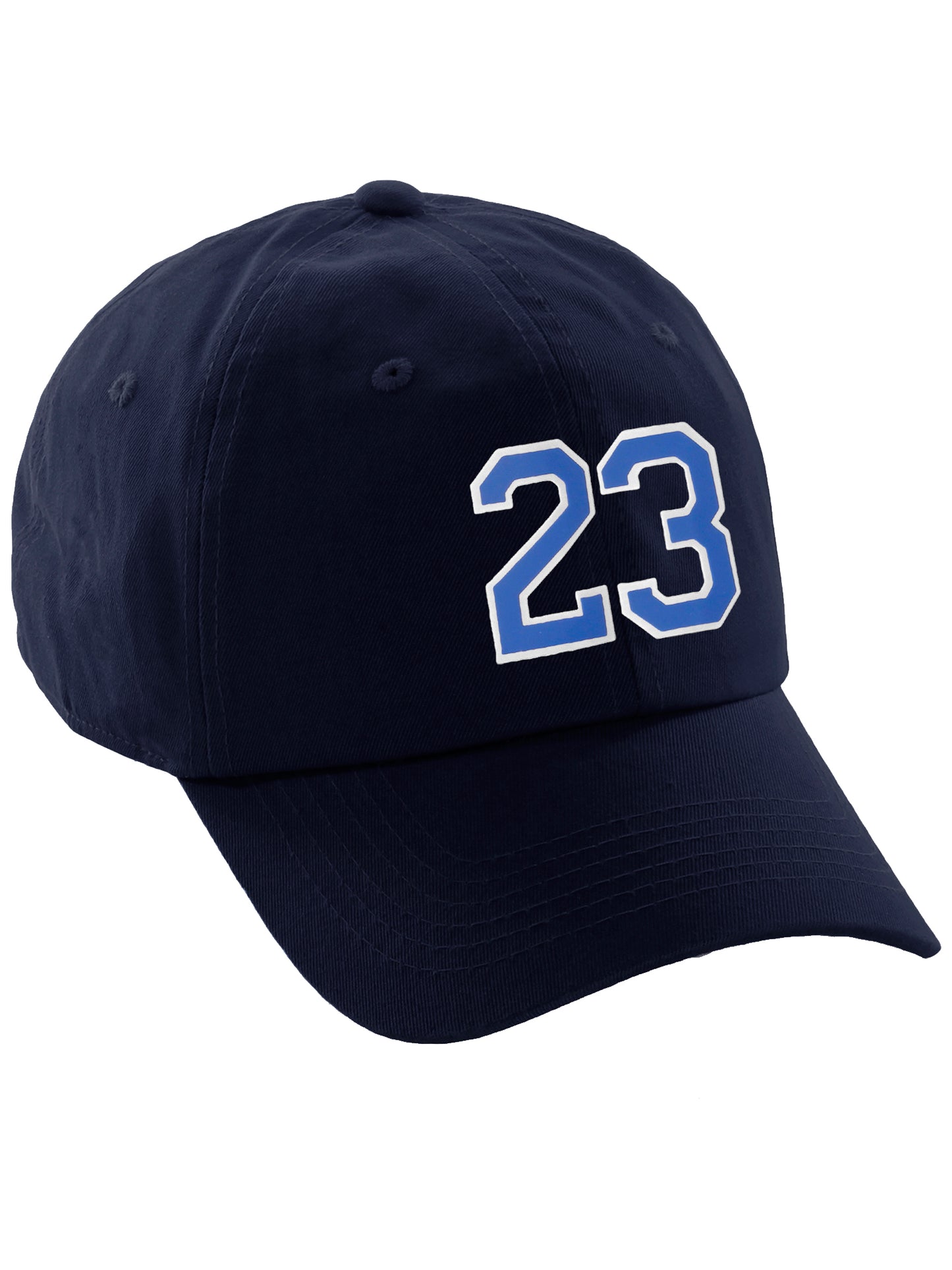 I&W Hatgear Customized Number Hat 00 to 99 Team Colors Baseball Cap, Navy Hat White Blue