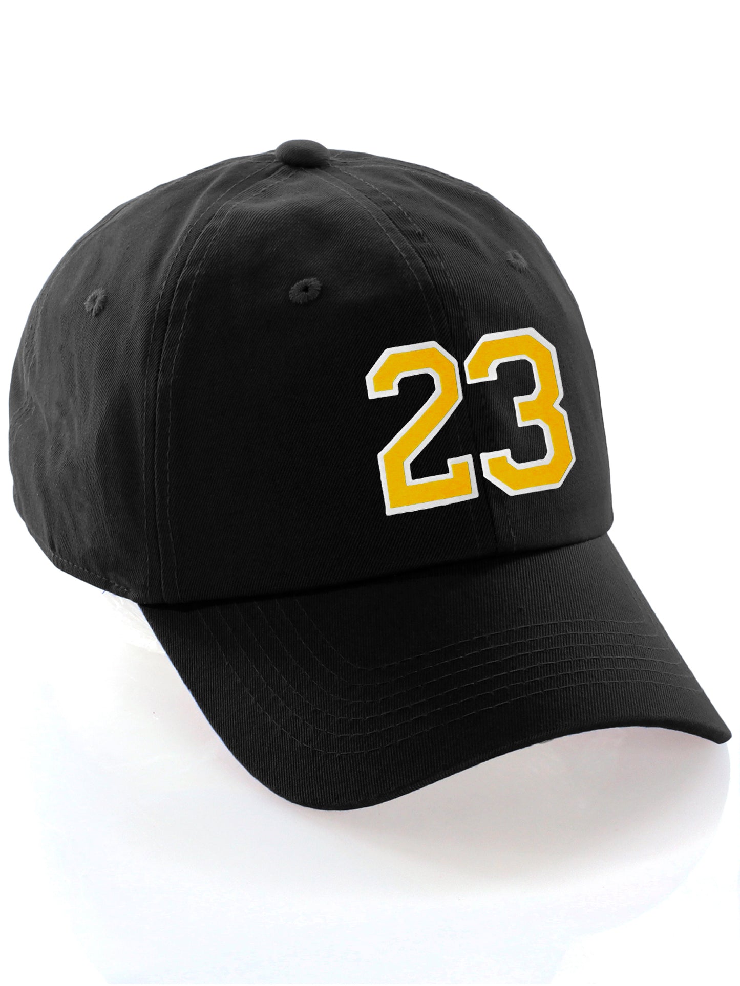 I&W Hatgear Customized Number Hat 00 to 99 Team Colors Baseball Cap, Black Hat White Gold
