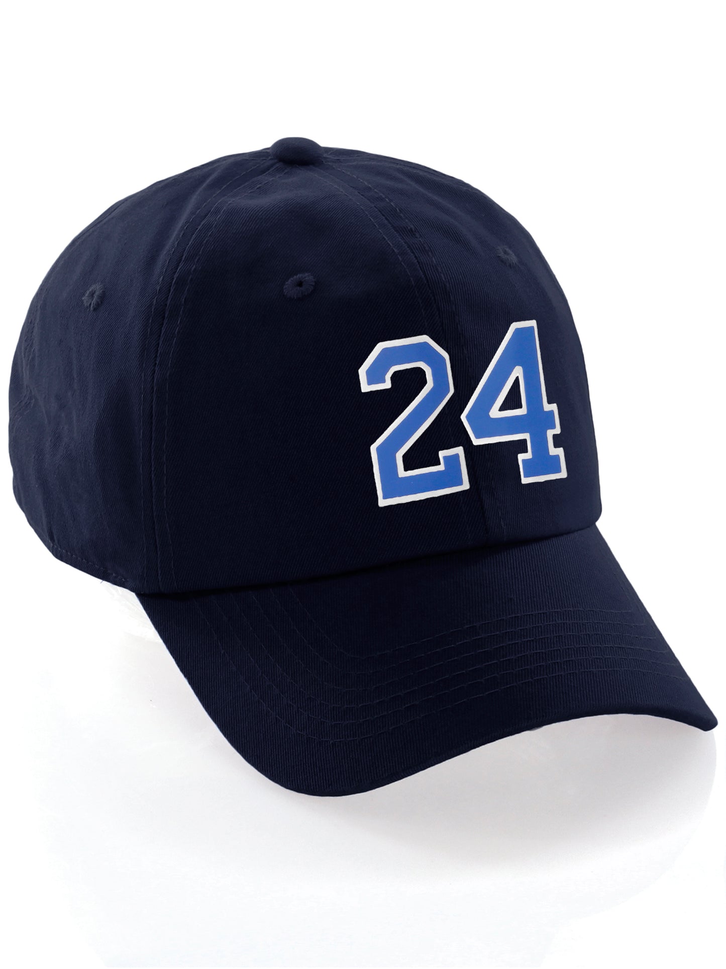 I&W Hatgear Customized Number Hat 00 to 99 Team Colors Baseball Cap, Navy Hat White Blue