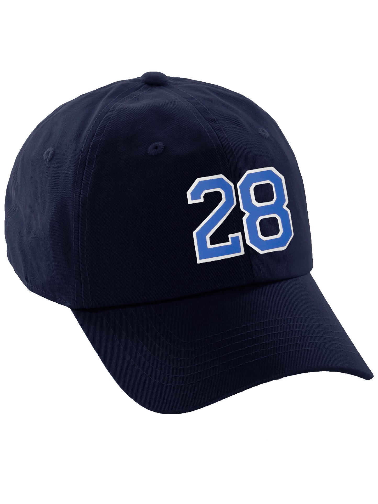 I&W Hatgear Customized Number Hat 00 to 99 Team Colors Baseball Cap, Navy Hat White Blue