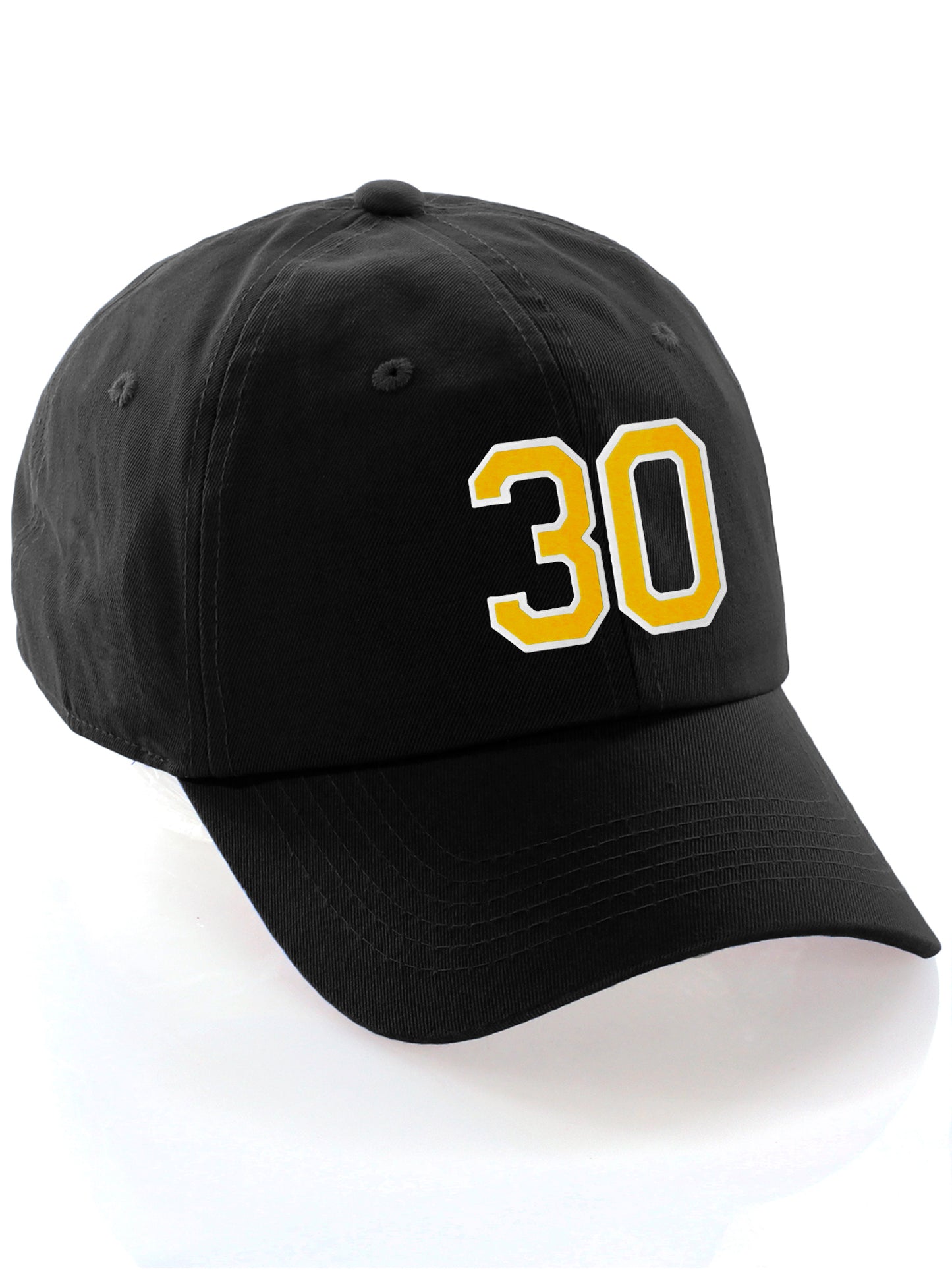 I&W Hatgear Customized Number Hat 00 to 99 Team Colors Baseball Cap, Black Hat White Gold