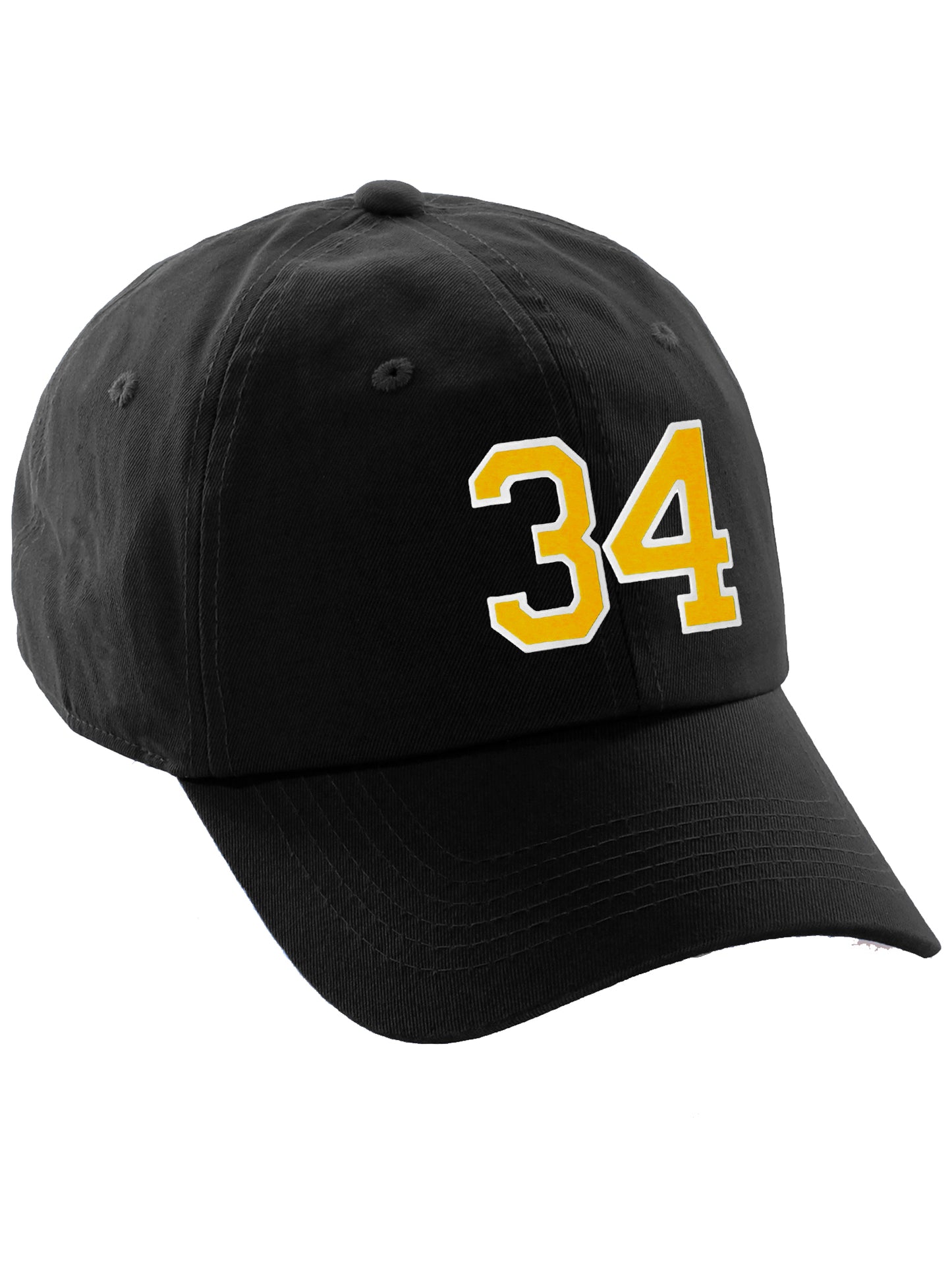 I&W Hatgear Customized Number Hat 00 to 99 Team Colors Baseball Cap, Black Hat White Gold
