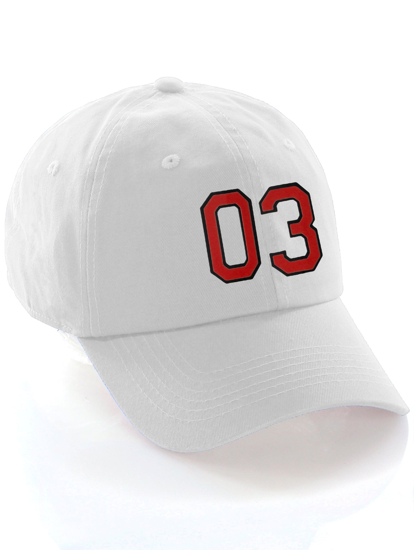I&W Hatgear Customized Number Hat 00 to 99 Team Colors Baseball Cap, White Hat Black Red