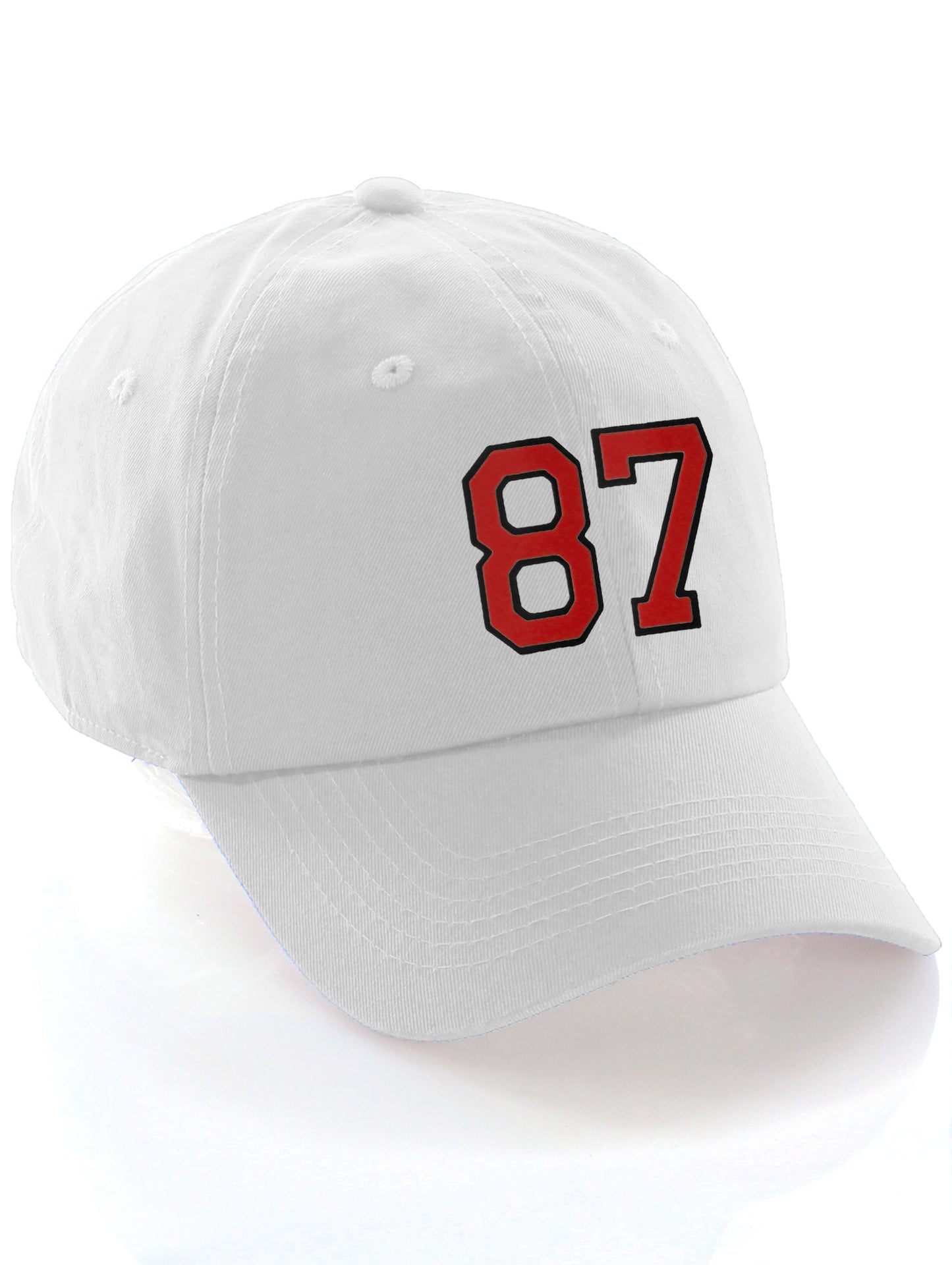 I&W Hatgear Customized Number Hat 00 to 99 Team Colors Baseball Cap, White Hat Black Red
