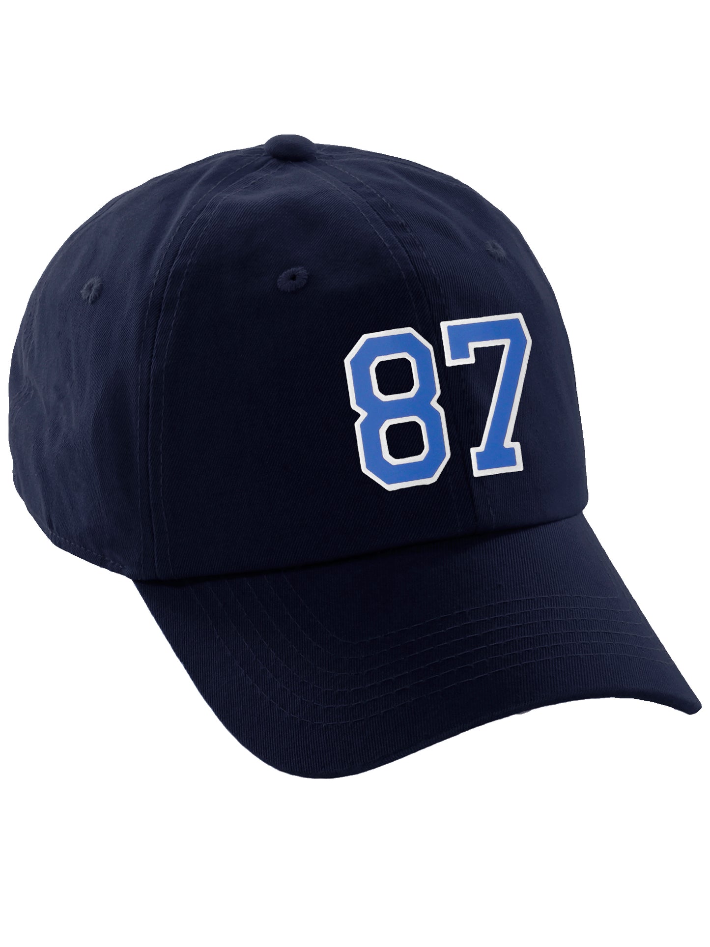 I&W Hatgear Customized Number Hat 00 to 99 Team Colors Baseball Cap, Navy Hat White Blue
