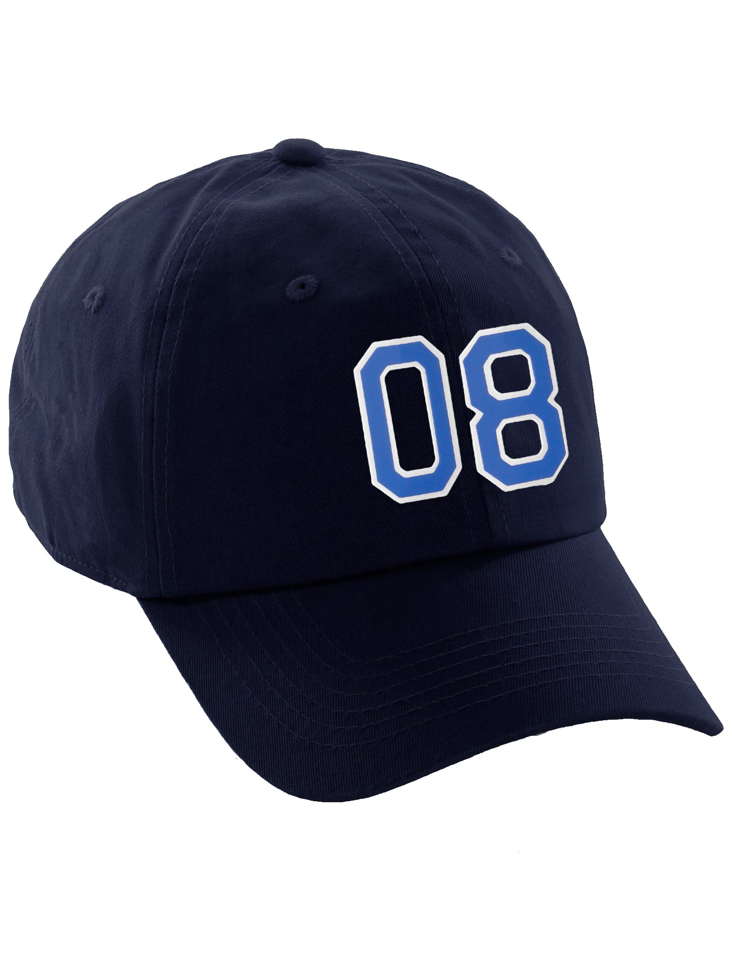 I&W Hatgear Customized Number Hat 00 to 99 Team Colors Baseball Cap, Navy Hat White Blue