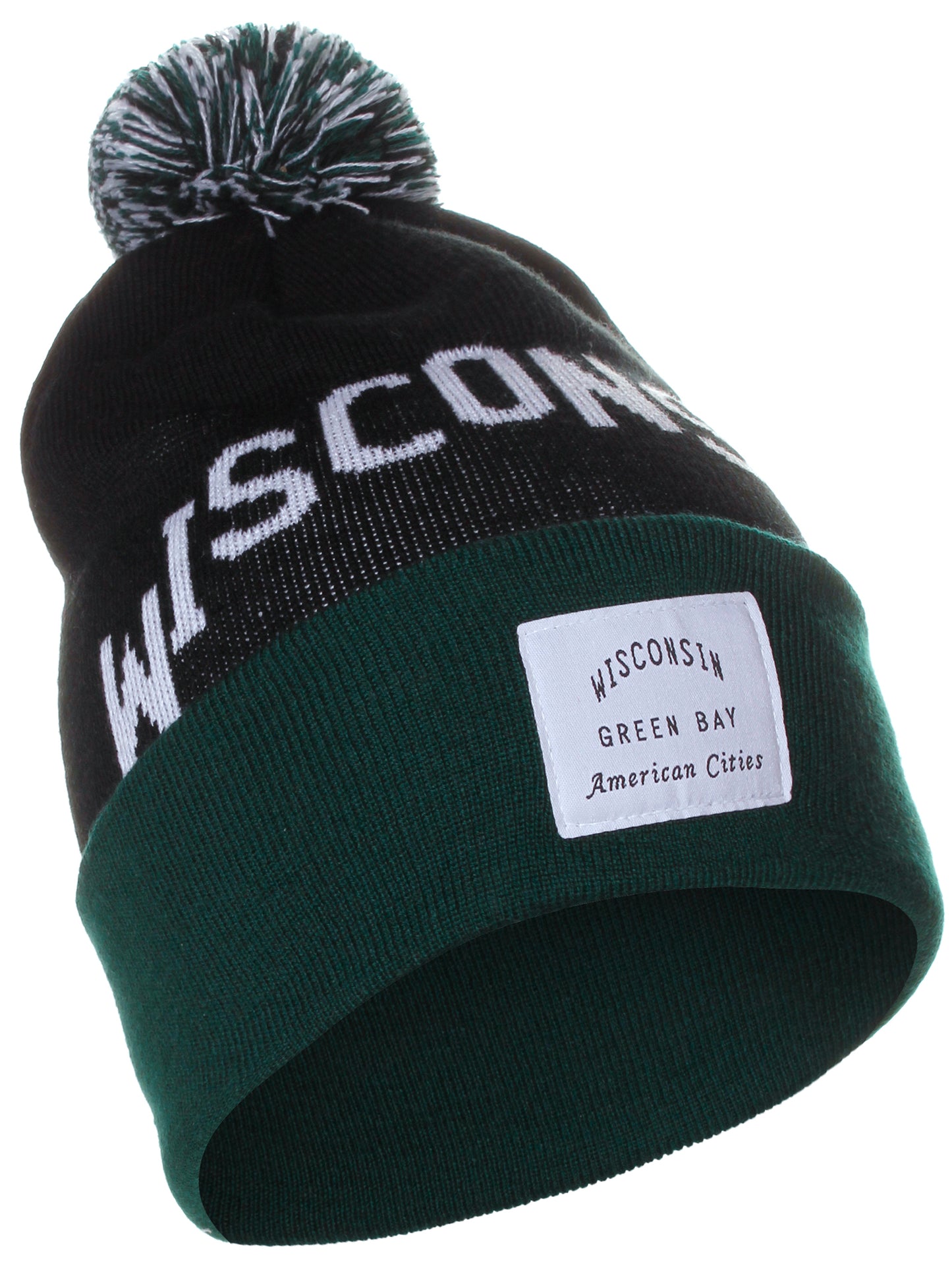 American Cities Wisconsin Green Bay Arch Letters Pom Pom Knit Hat Cap Beanie