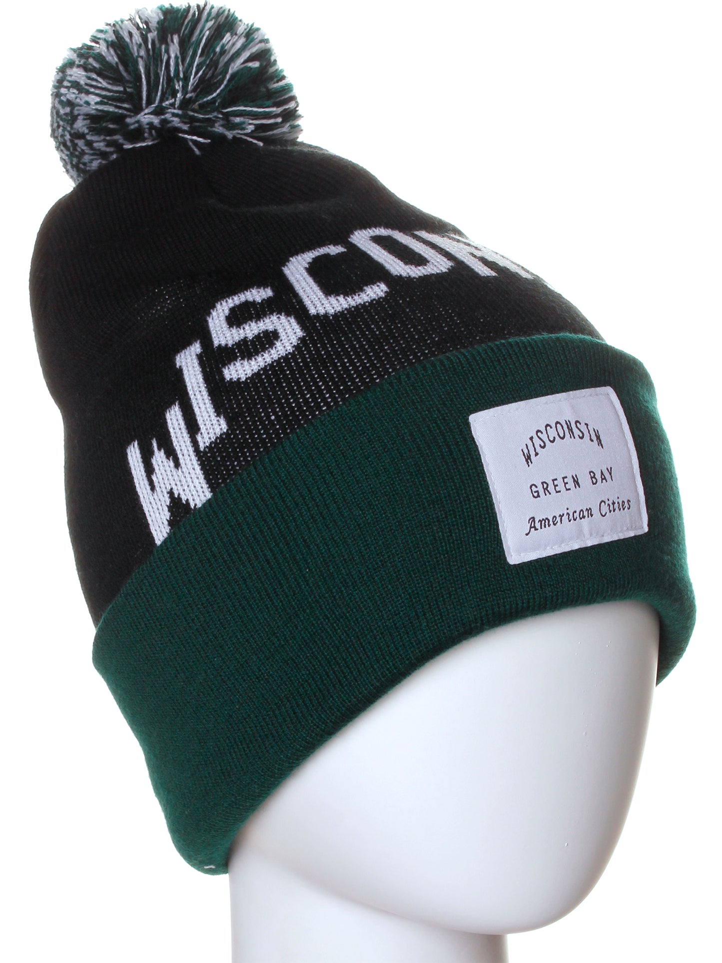 American Cities Wisconsin Green Bay Arch Letters Pom Pom Knit Hat Cap Beanie