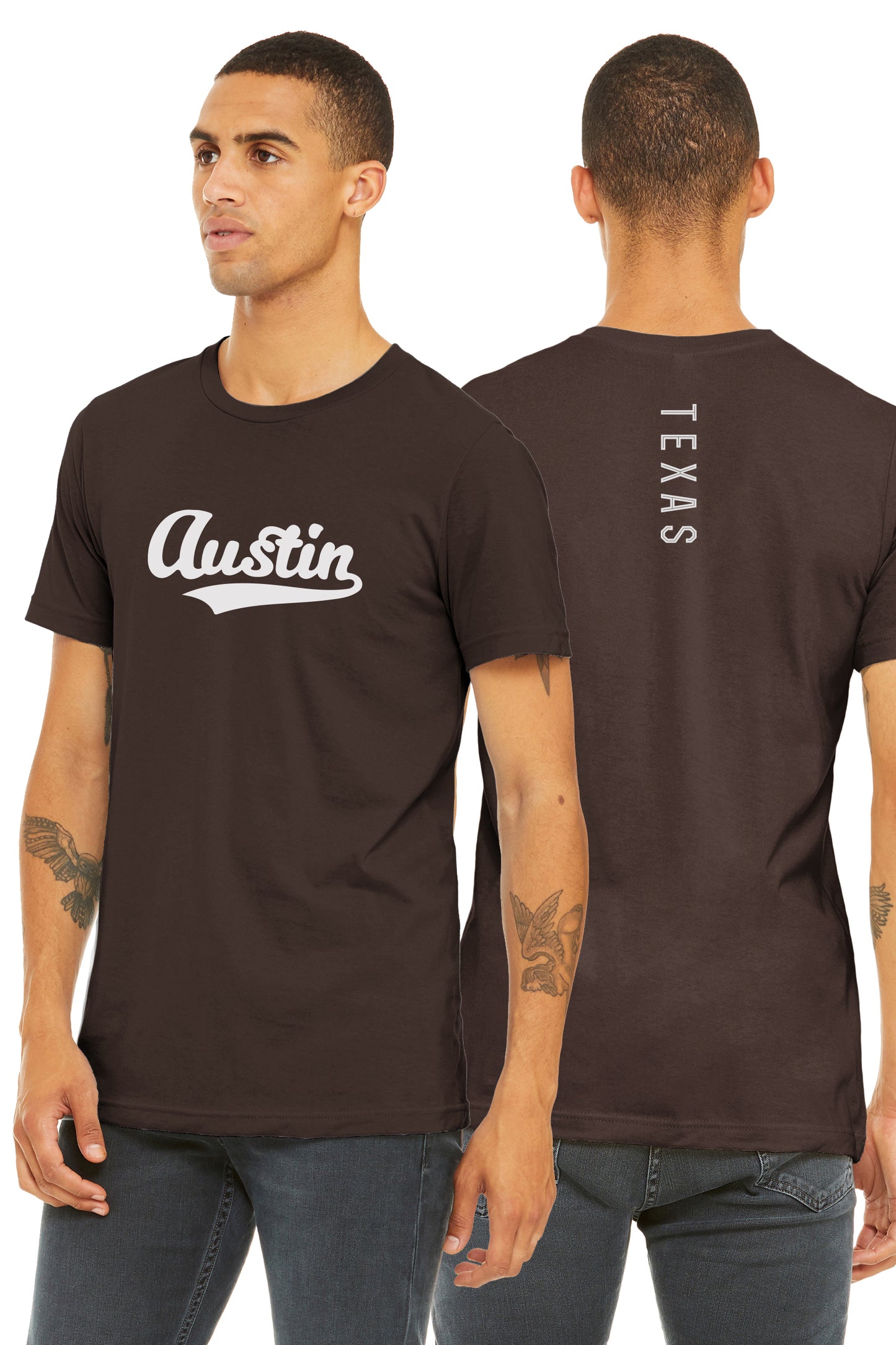 Daxton Adult Unisex Tshirt Austin Script with Texas Vertical on the Back