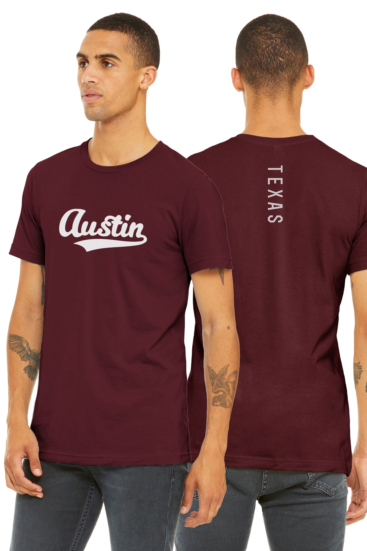 Daxton Adult Unisex Tshirt Austin Script with Texas Vertical on the Back