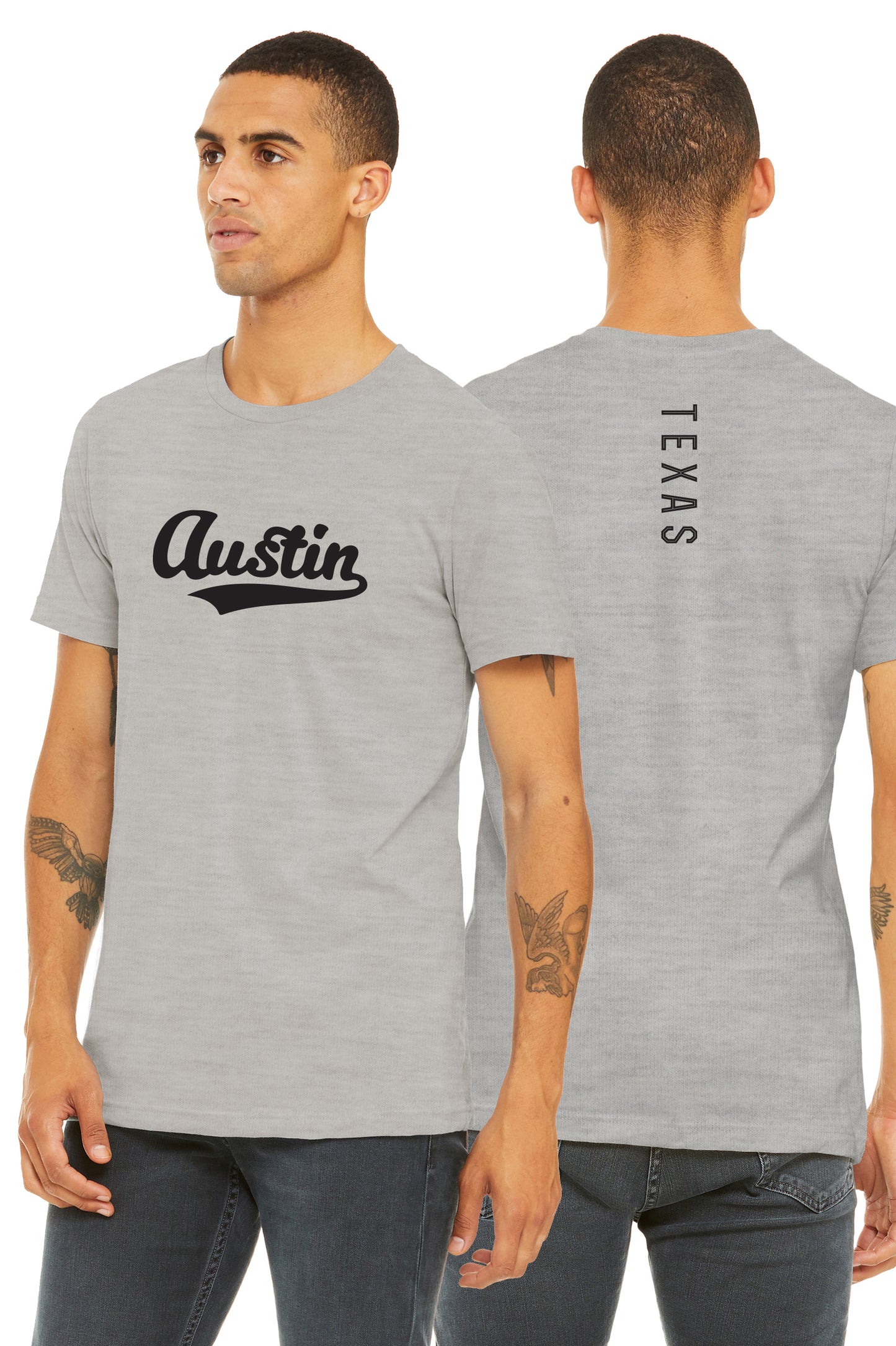 Daxton Adult Unisex Tshirt Austin Script with Texas Vertical on the Back