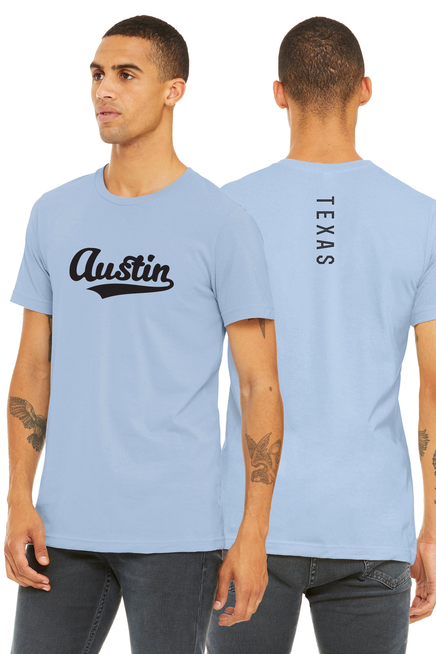 Daxton Adult Unisex Tshirt Austin Script with Texas Vertical on the Back