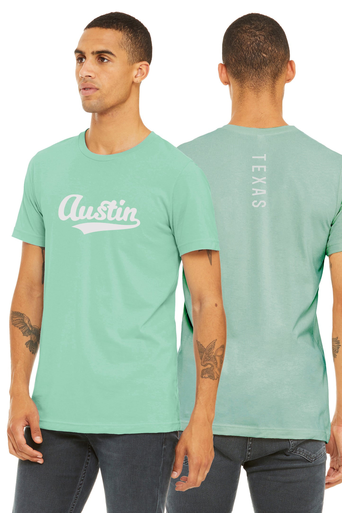 Daxton Adult Unisex Tshirt Austin Script with Texas Vertical on the Back