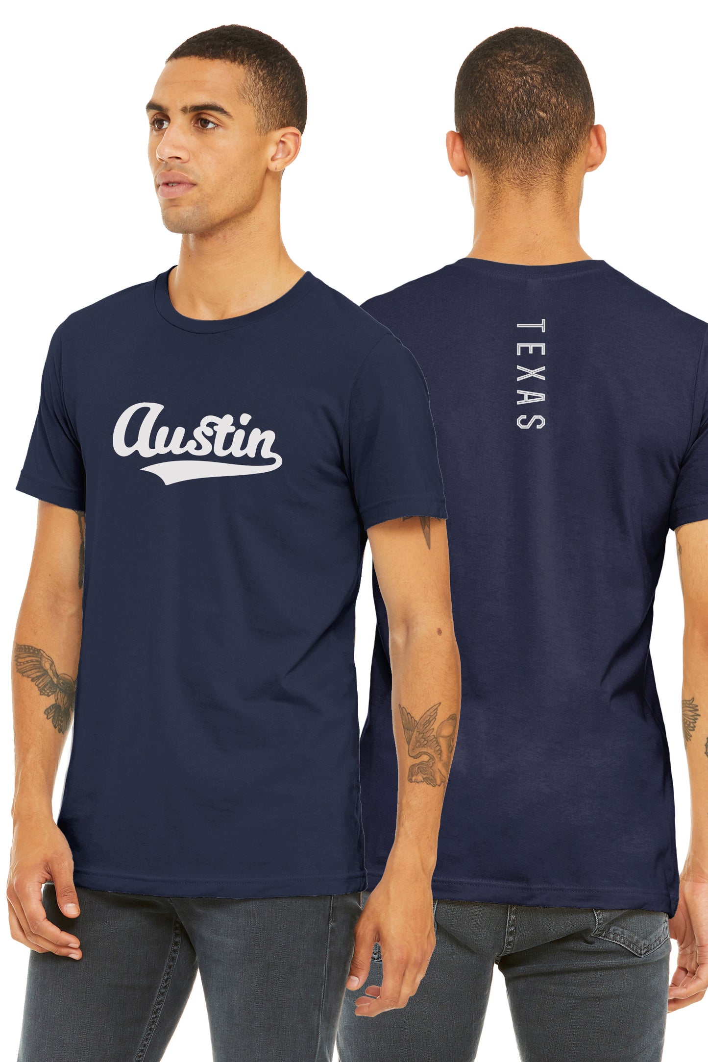 Daxton Adult Unisex Tshirt Austin Script with Texas Vertical on the Back