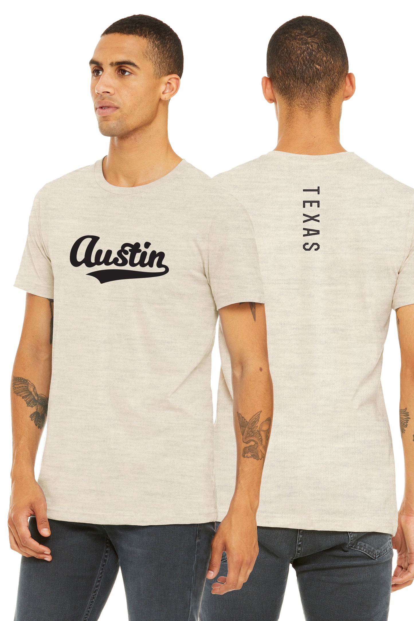 Daxton Adult Unisex Tshirt Austin Script with Texas Vertical on the Back