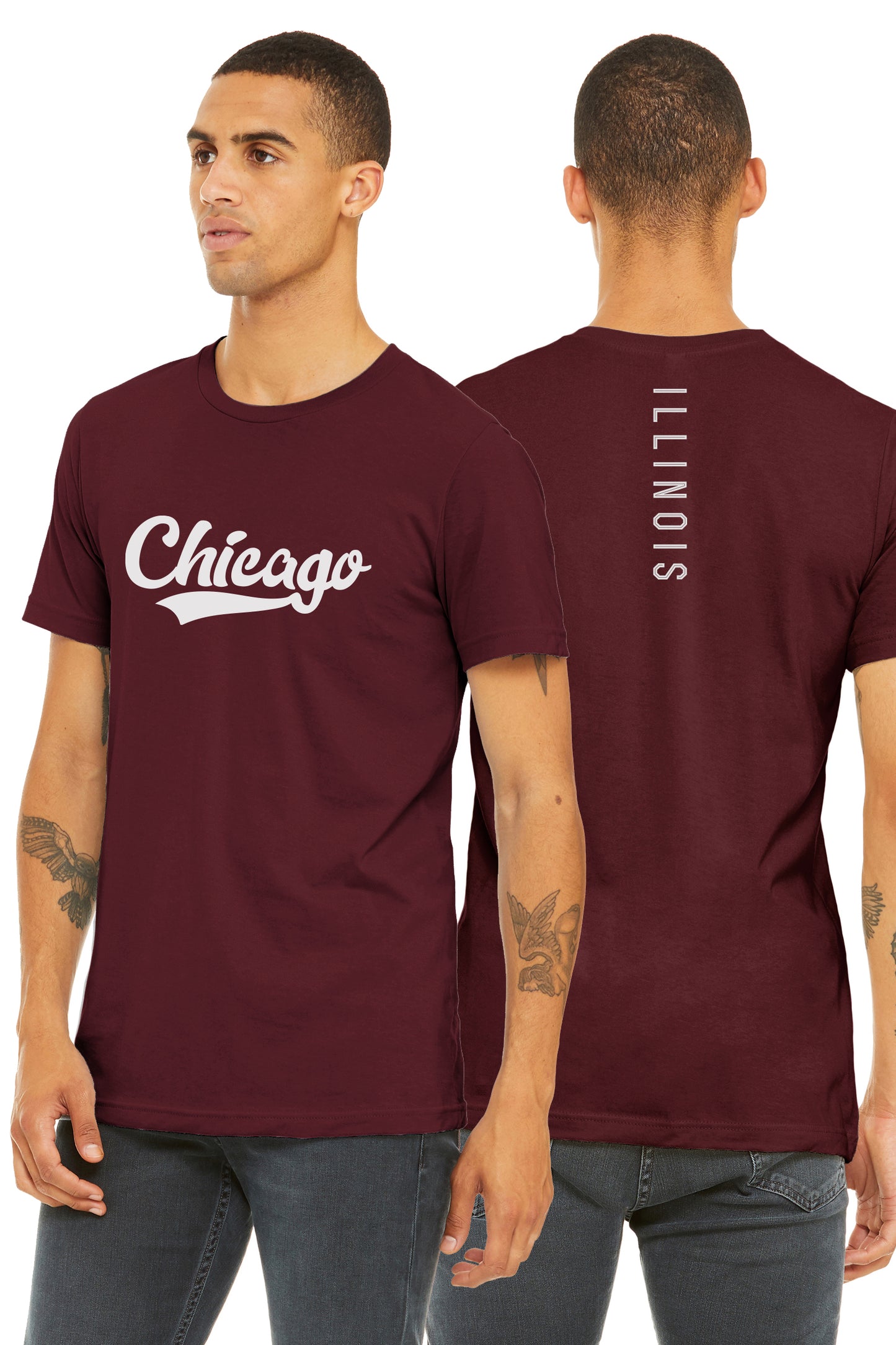 Daxton Adult Unisex Tshirt Chicago Script with Illinois Vertical on the Back