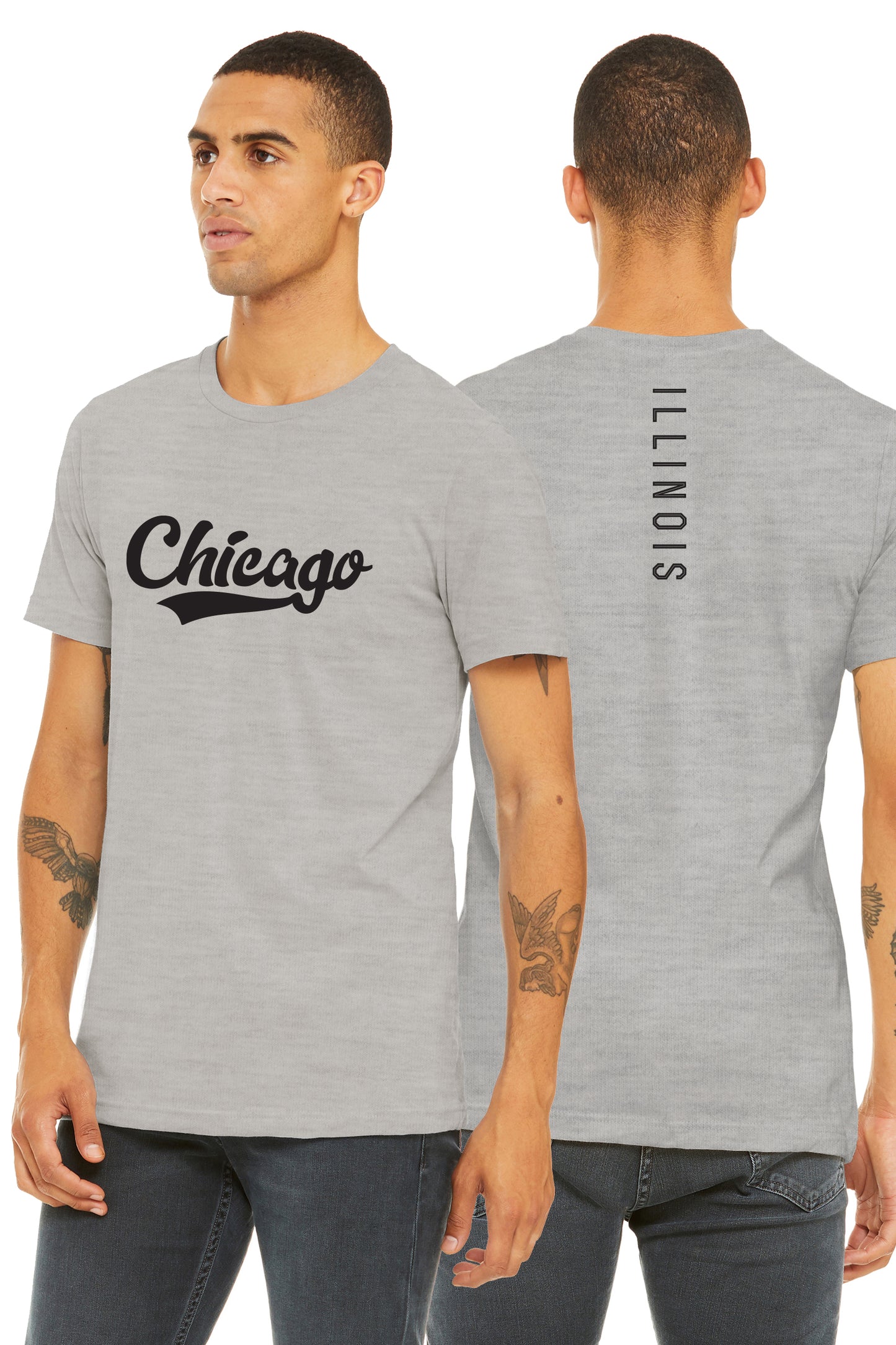 Daxton Adult Unisex Tshirt Chicago Script with Illinois Vertical on the Back