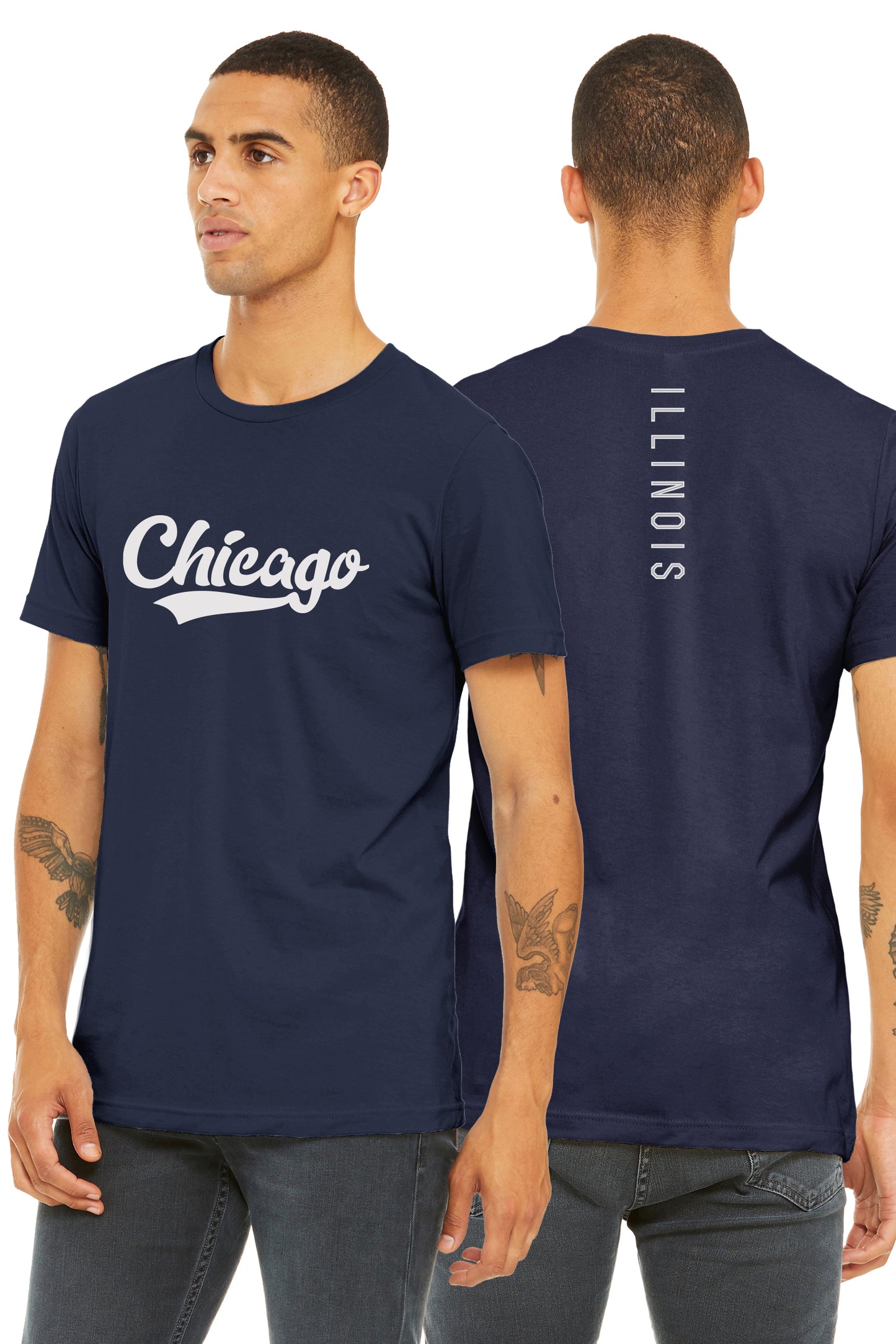 Daxton Adult Unisex Tshirt Chicago Script with Illinois Vertical on the Back