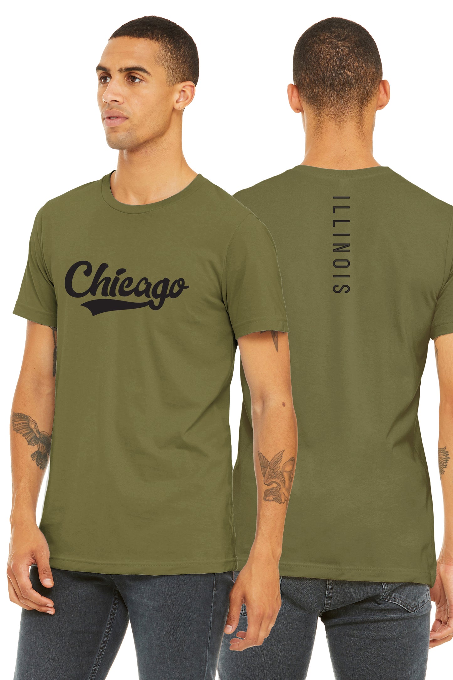 Daxton Adult Unisex Tshirt Chicago Script with Illinois Vertical on the Back