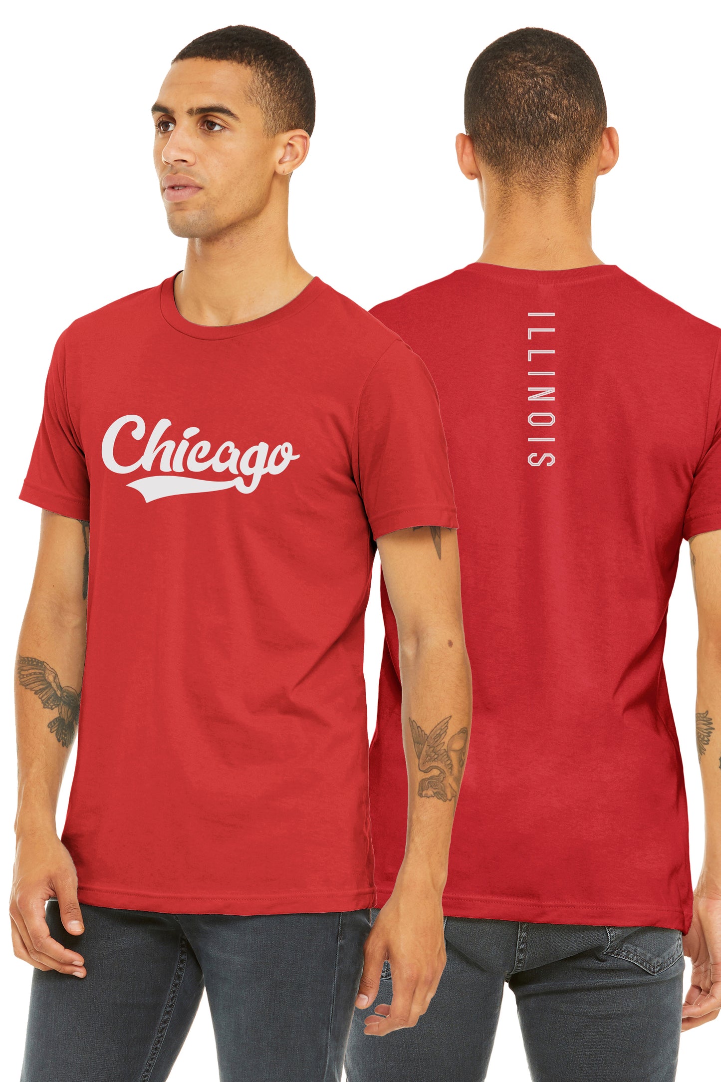 Daxton Adult Unisex Tshirt Chicago Script with Illinois Vertical on the Back