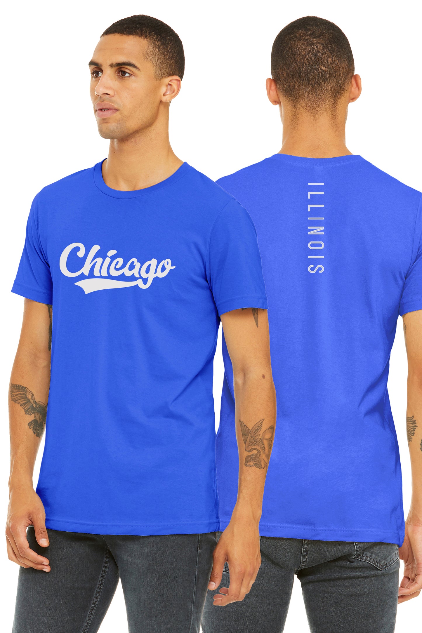 Daxton Adult Unisex Tshirt Chicago Script with Illinois Vertical on the Back