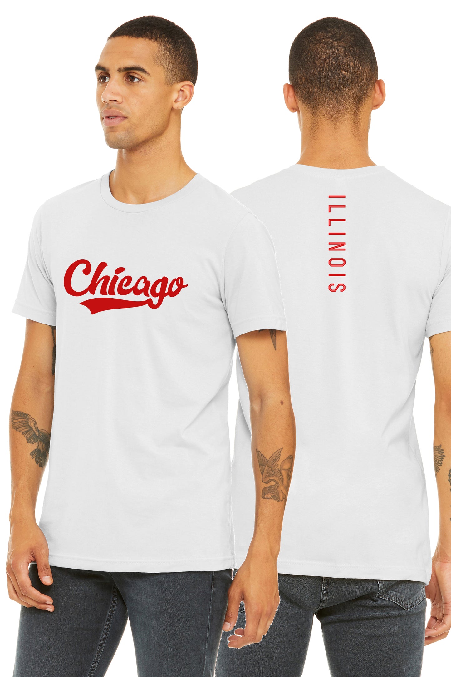 Daxton Adult Unisex Tshirt Chicago Script with Illinois Vertical on the Back