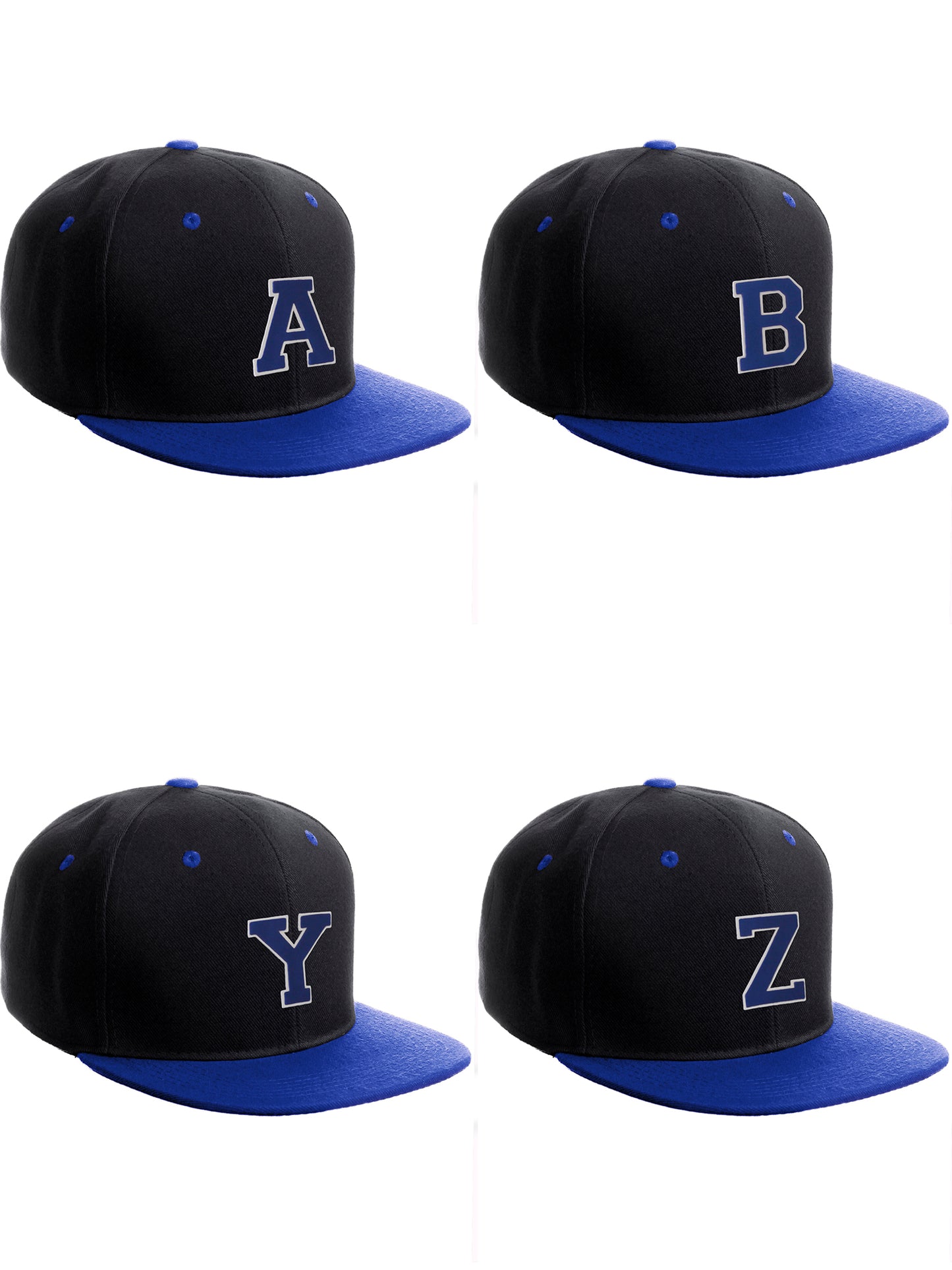 Classic Snapback Hat Custom A to Z Initial Letters, Black Royal Cap White Royal