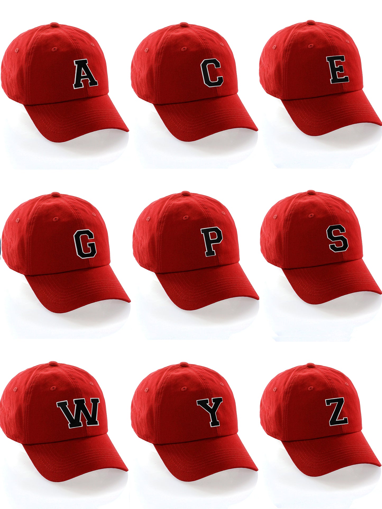 Customized Letter Initial Baseball Hat A to Z Team Colors, Red Cap White Black