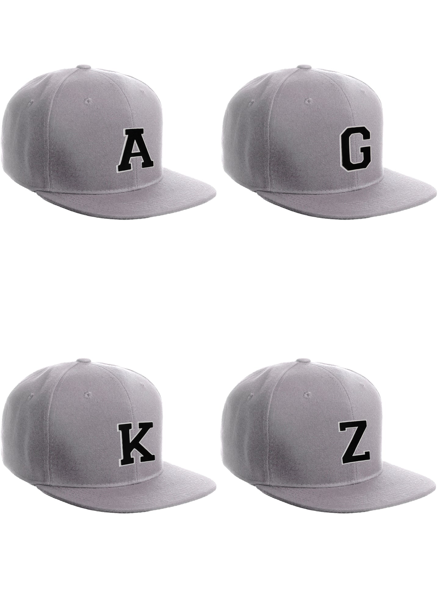 Classic Snapback Hat Custom A to Z Initial Letters, Light Grey Cap White Black