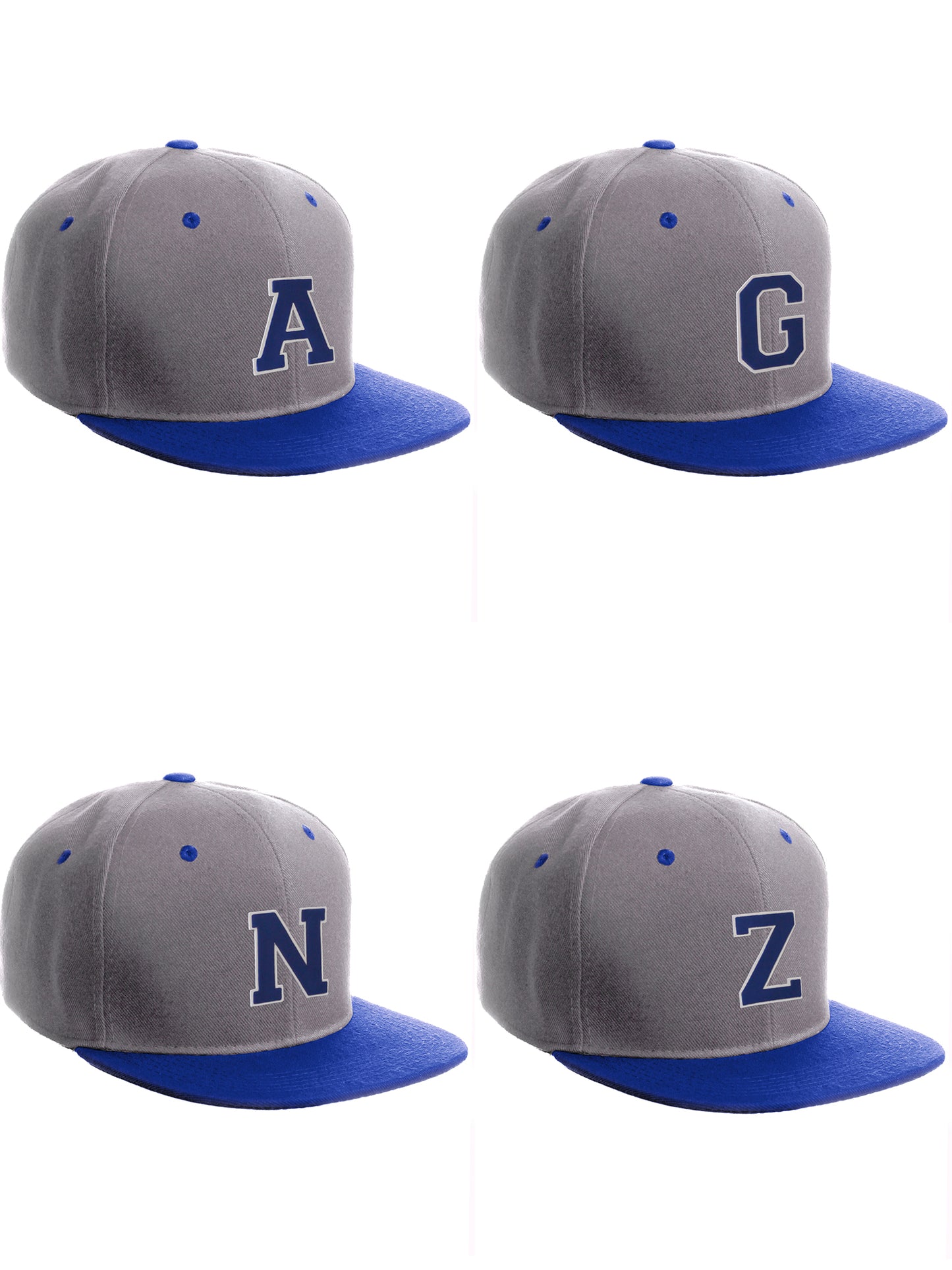 Classic Snapback Hat Custom A to Z Initial Letters, Lt Grey Royal Cap White Blue