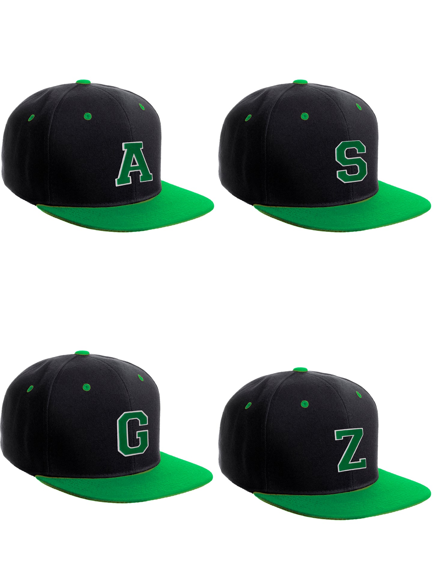 Classic Snapback Hat Custom A to Z Initial Letters, Black Green Cap White Green