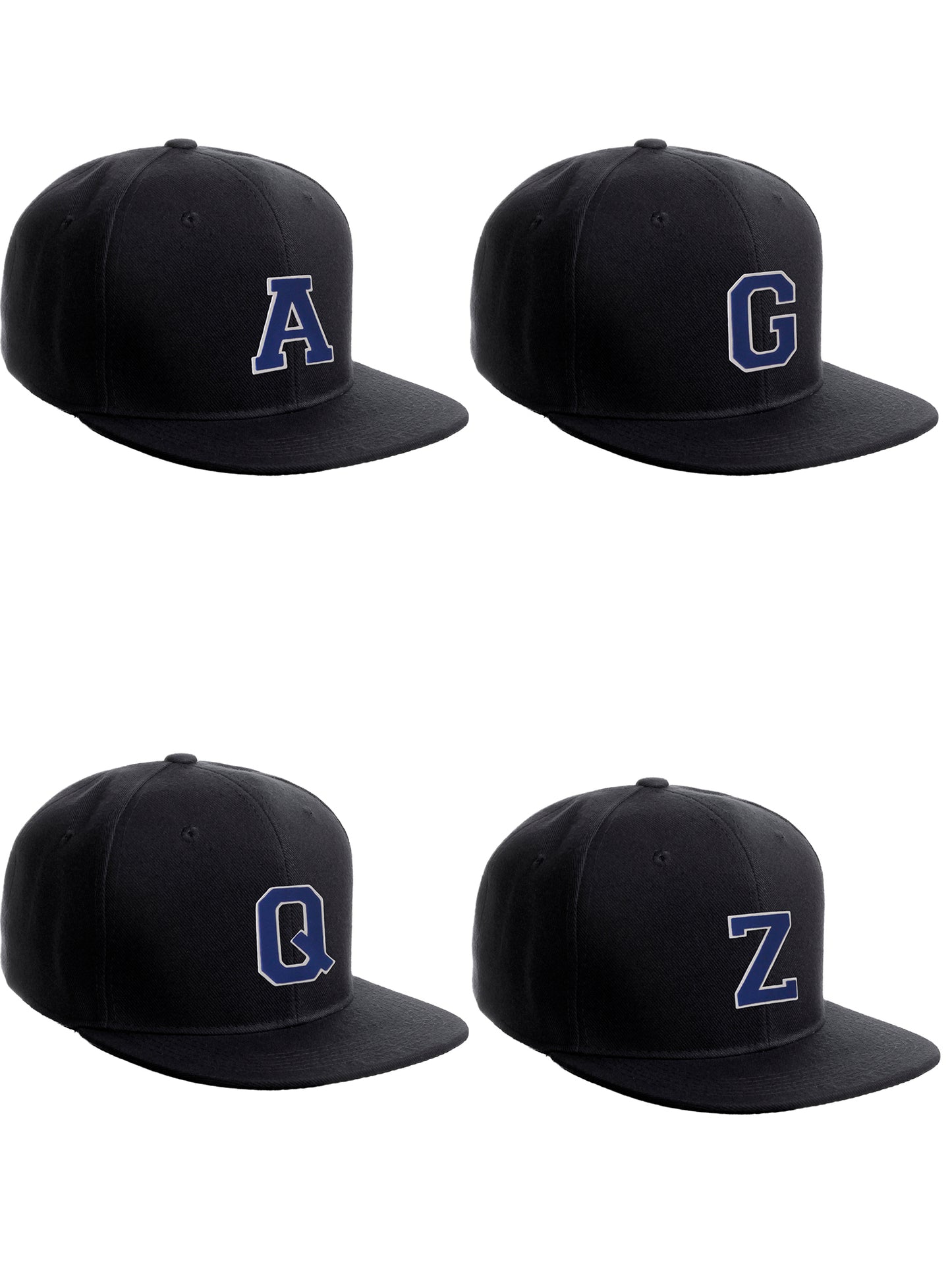 Classic Snapback Hat Custom A to Z Initial Raised Letters, Black Cap White Royal