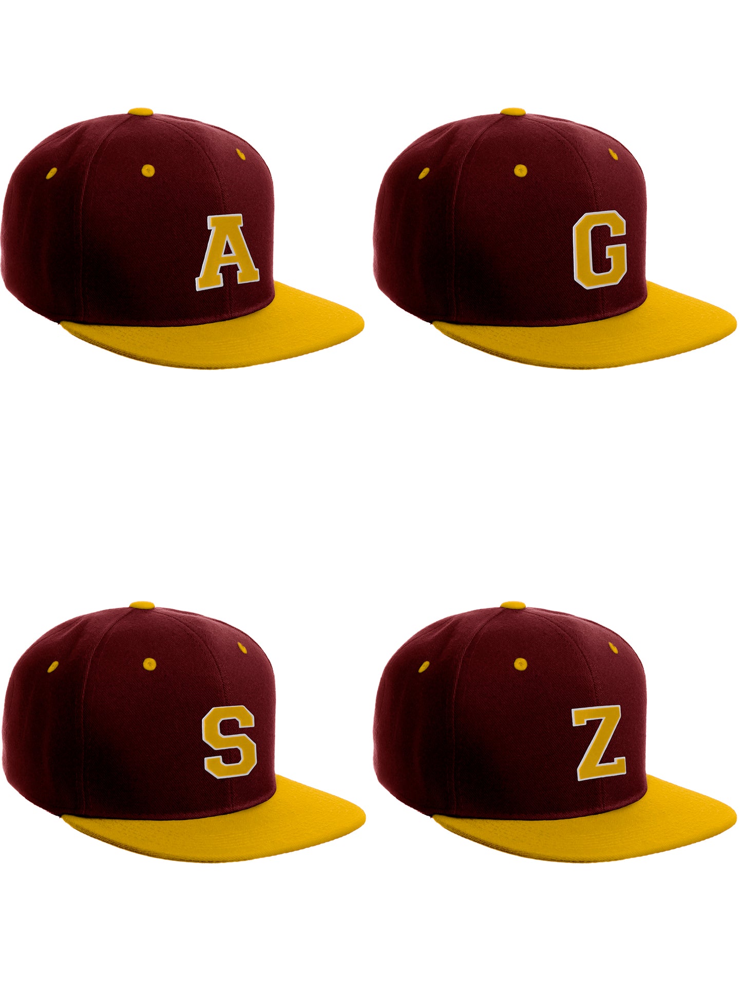 Classic Snapback Hat Custom A to Z Initial Letters, Burgundy Gold Cap White Gold