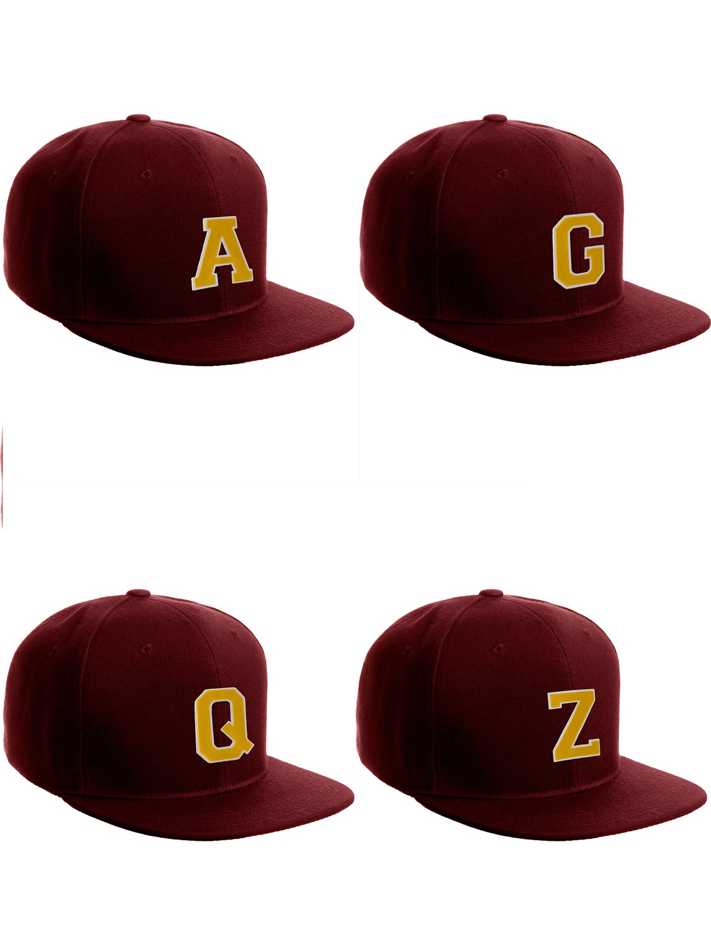 Classic Snapback Hat Custom A to Z Initial Letters, Burgundy Cap White Gold