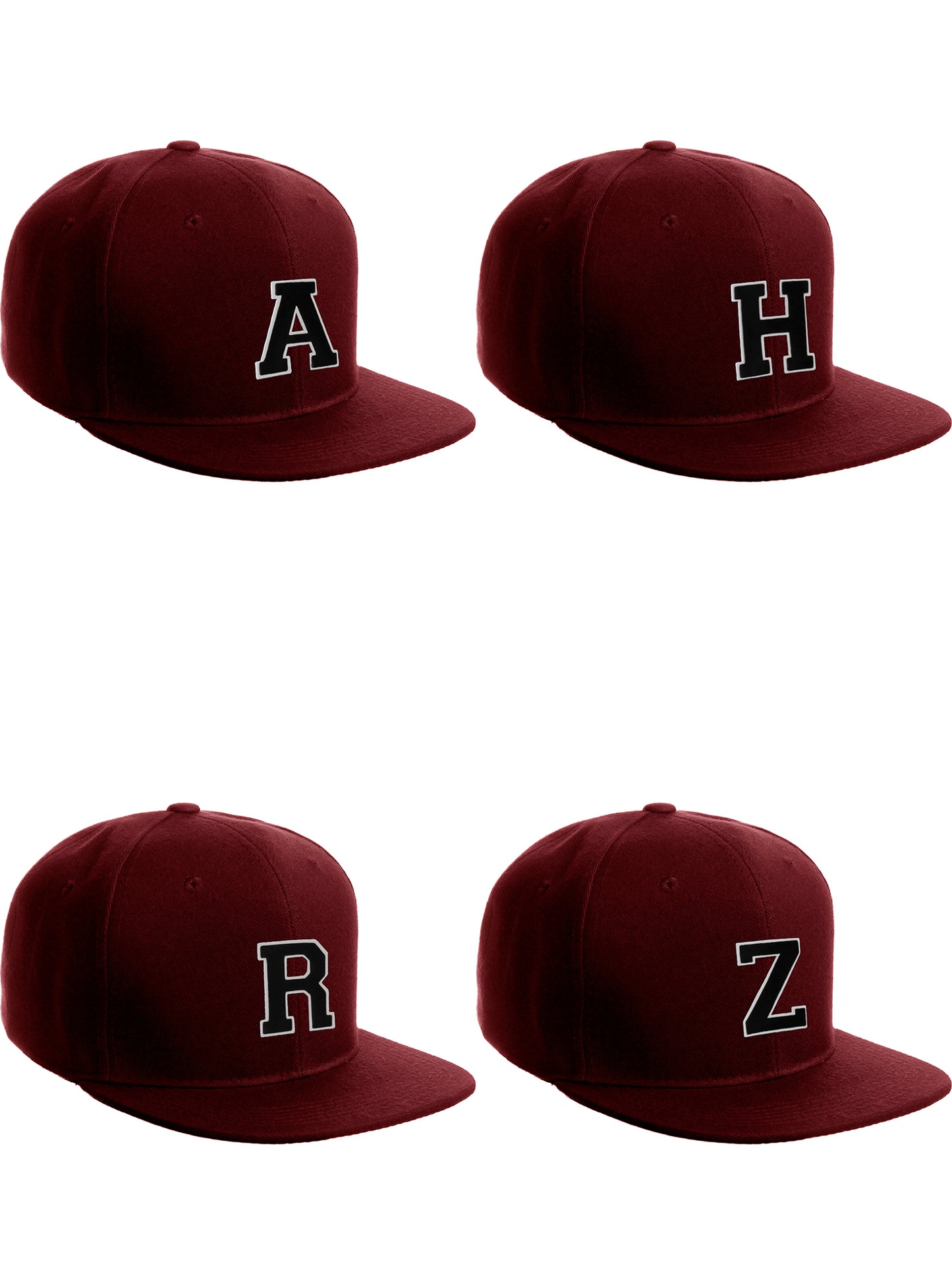 Classic Snapback Hat Custom A to Z Initial Letters, Burgundy Cap White Black