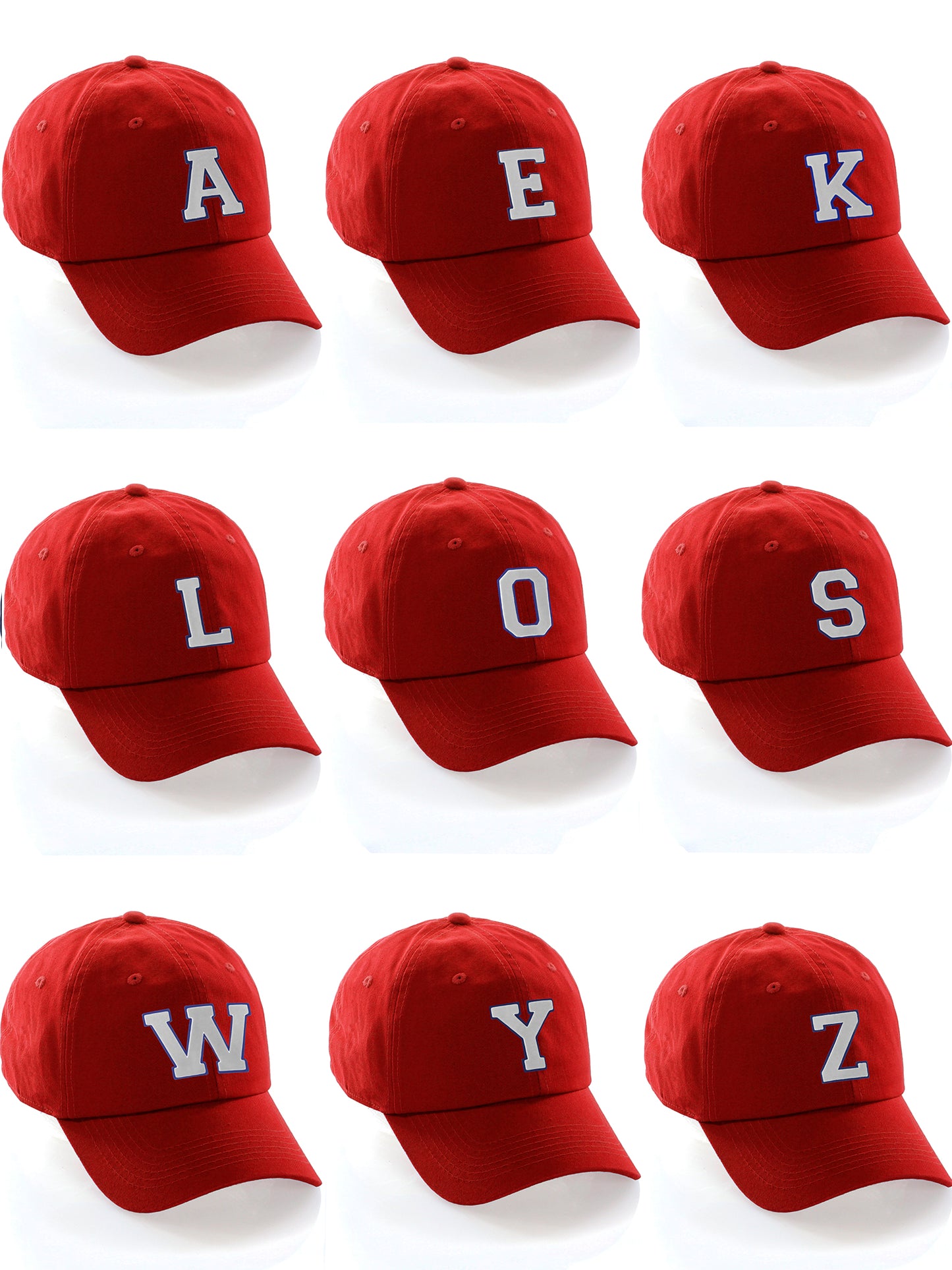 Customized Letter Initial Baseball Hat A to Z Team Colors, Red Cap Blue White