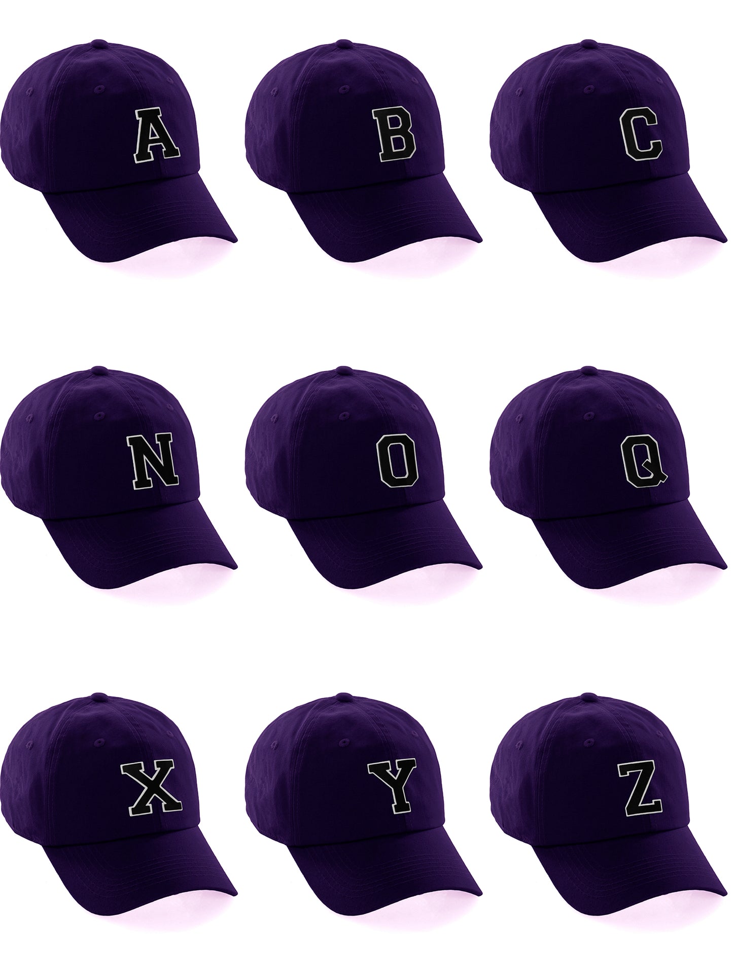 Customized Letter Initial Baseball Hat A to Z Team Colors, Purple Cap White Black