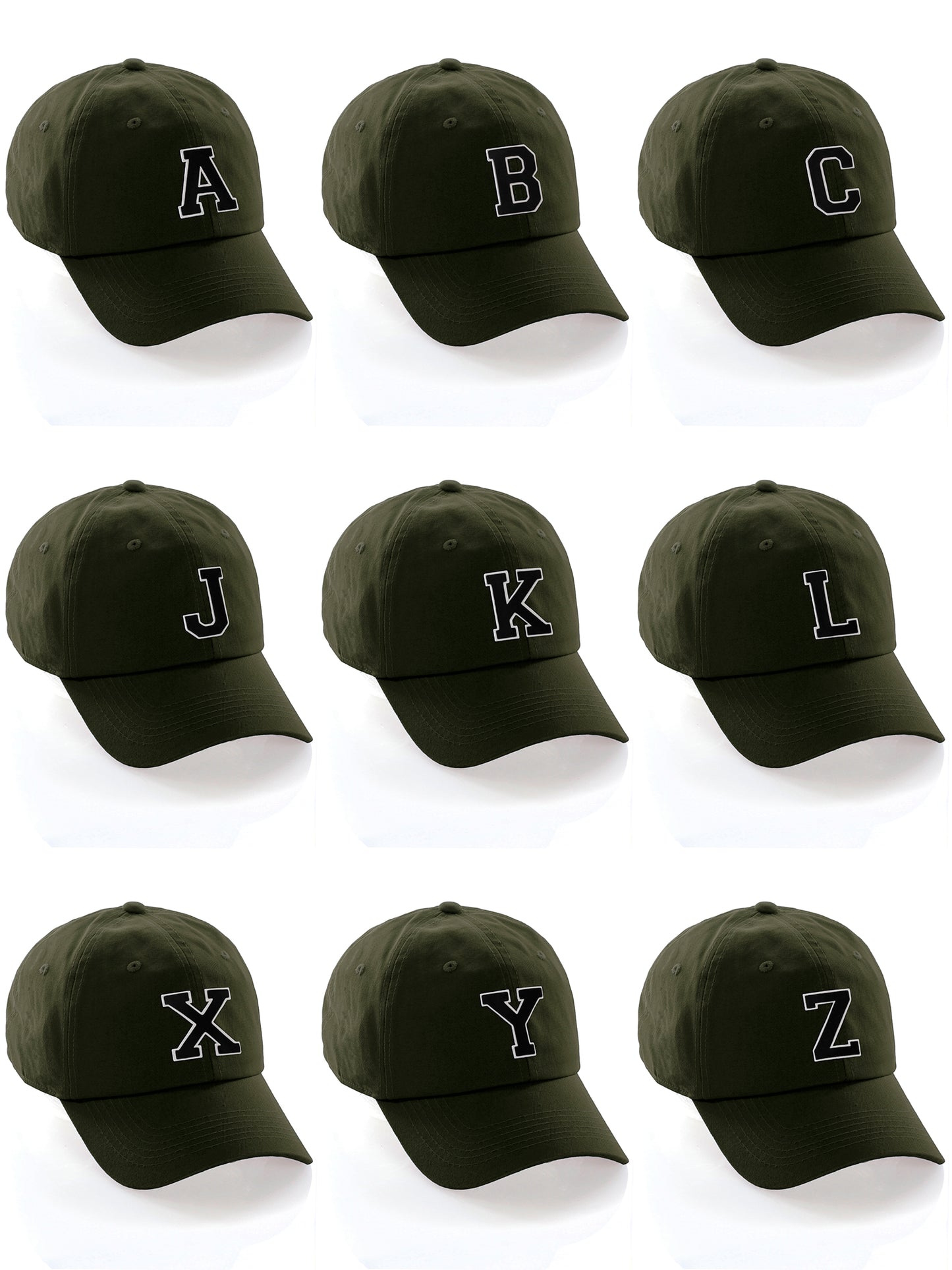 I&W Hatgear Customized Letter Initial Baseball Hat A to Z Team Colors, Olive Cap White Black