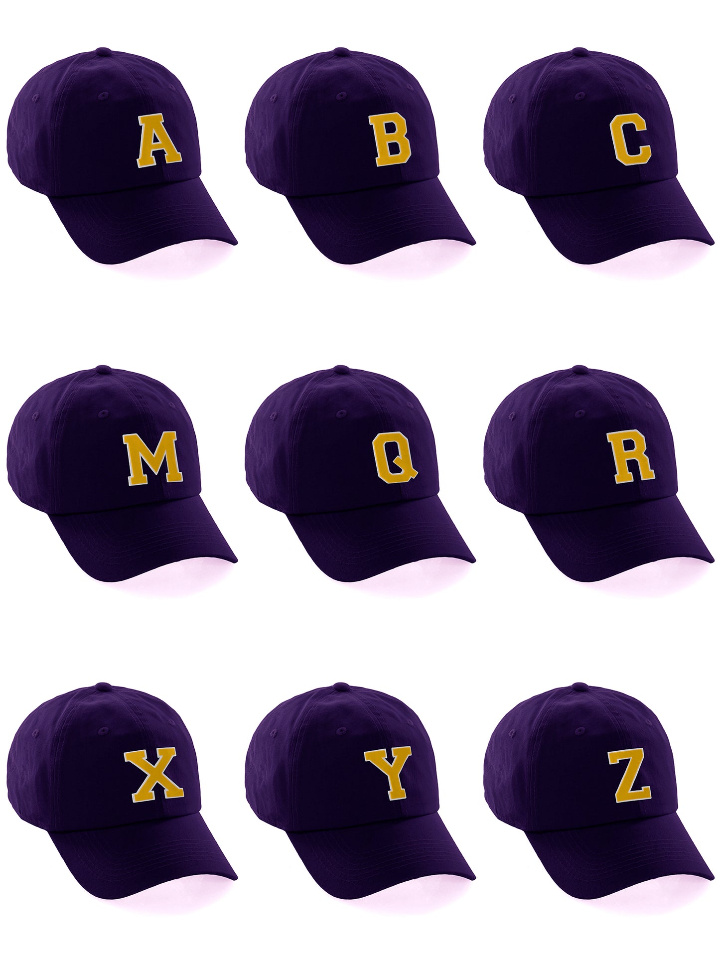 Customized Letter Initial Baseball Hat A to Z Team Colors, Purple Cap White Gold