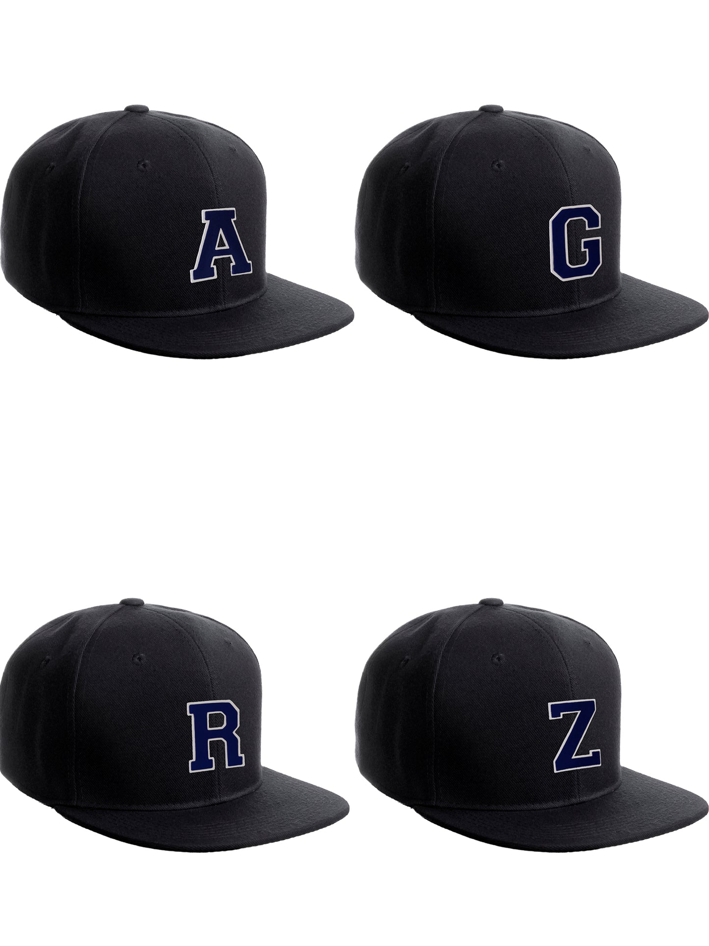 Classic Snapback Hat Custom A to Z Initial Raised Letter, Black Cap White Navy
