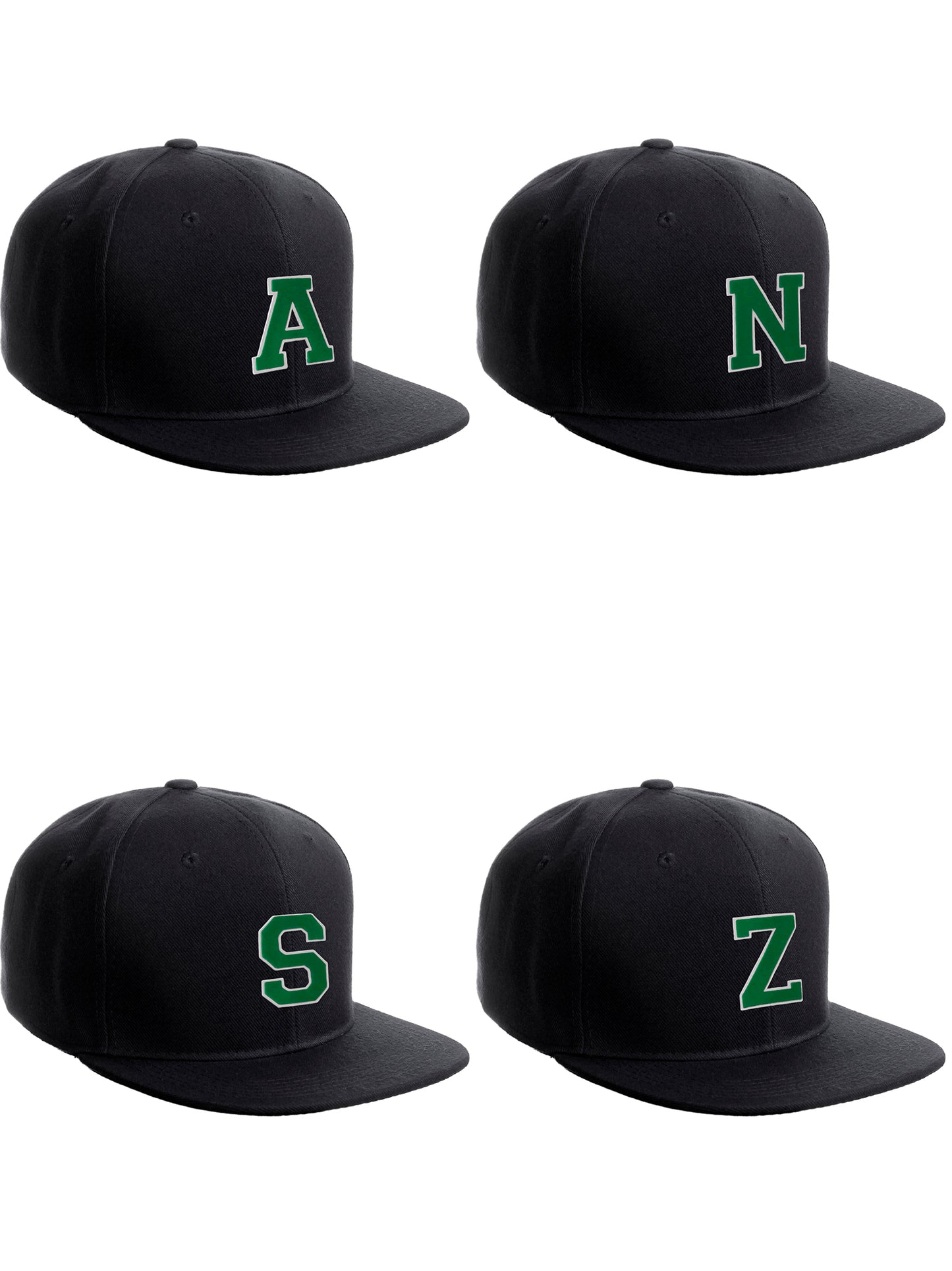 Classic Snapback Hat Custom A to Z Initial Raised Letters, Black Cap White Green