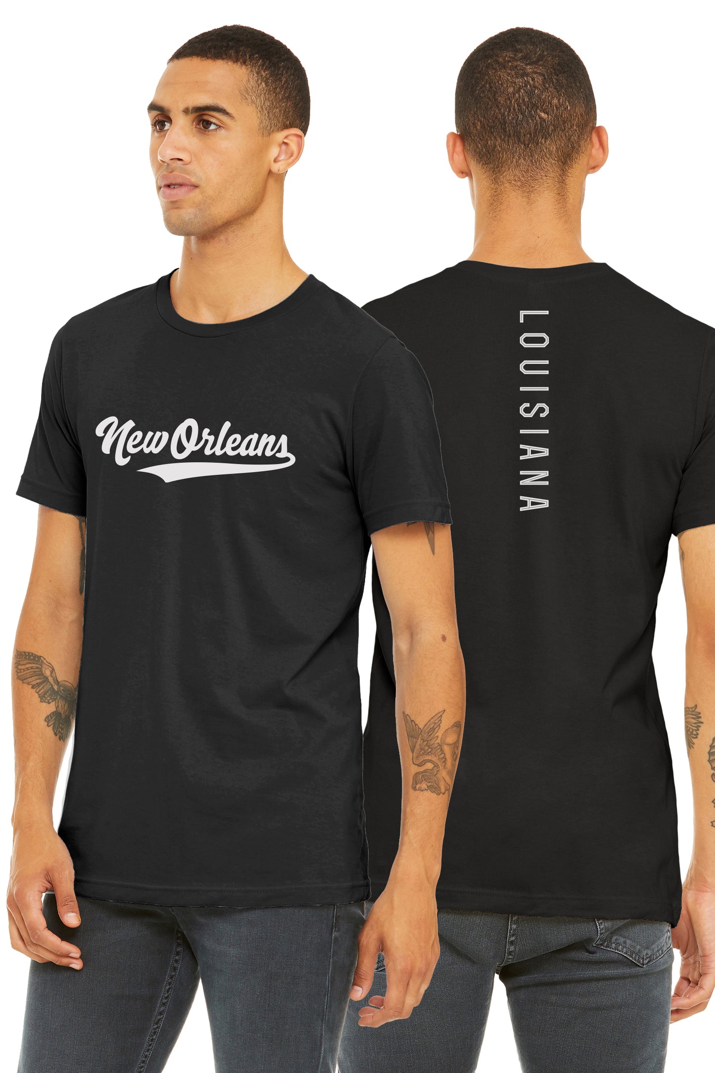 Daxton Adult Unisex Tshirt New Orleans Script with Louisiana Vertical on the Back