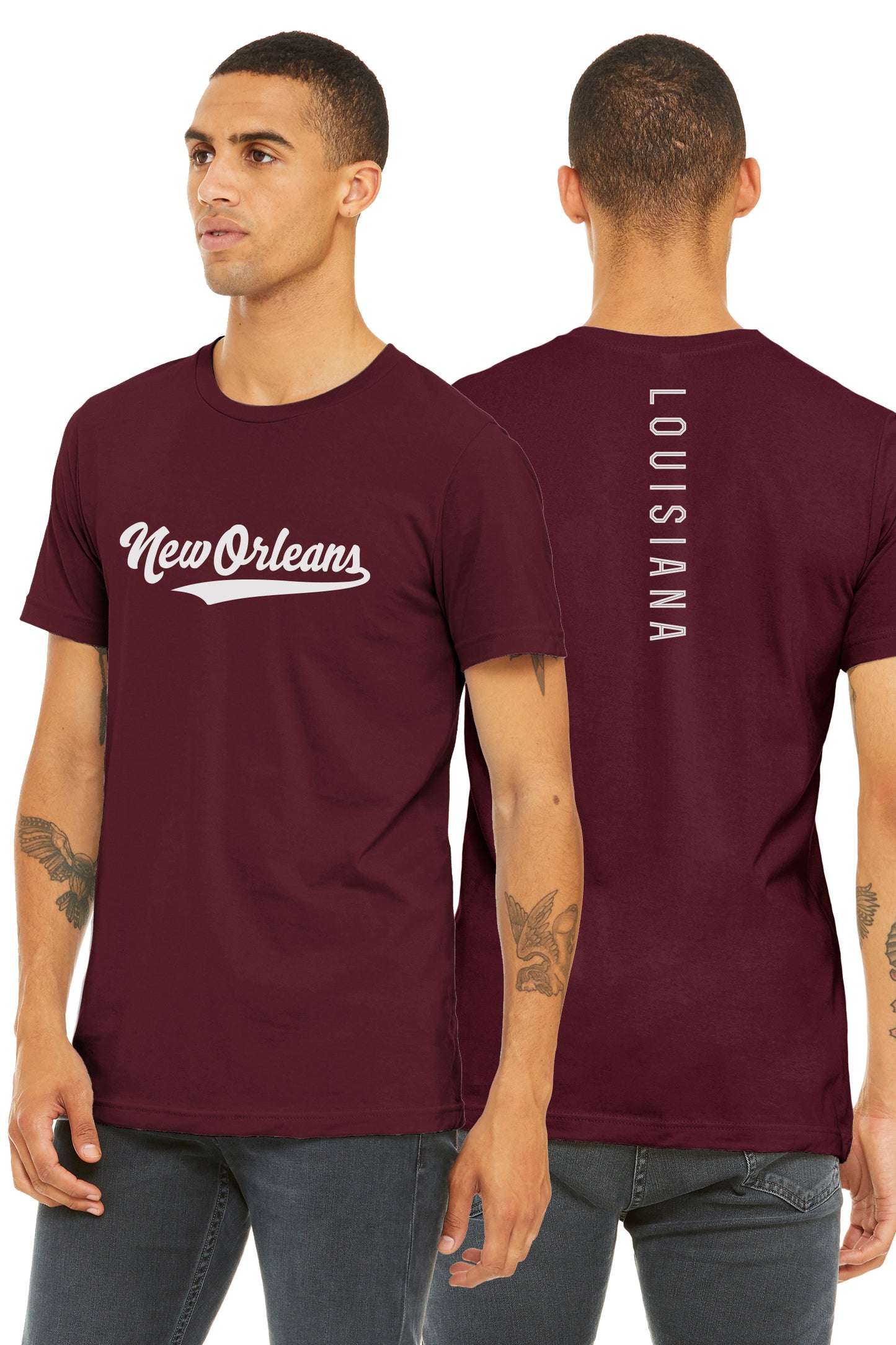 Daxton Adult Unisex Tshirt New Orleans Script with Louisiana Vertical on the Back