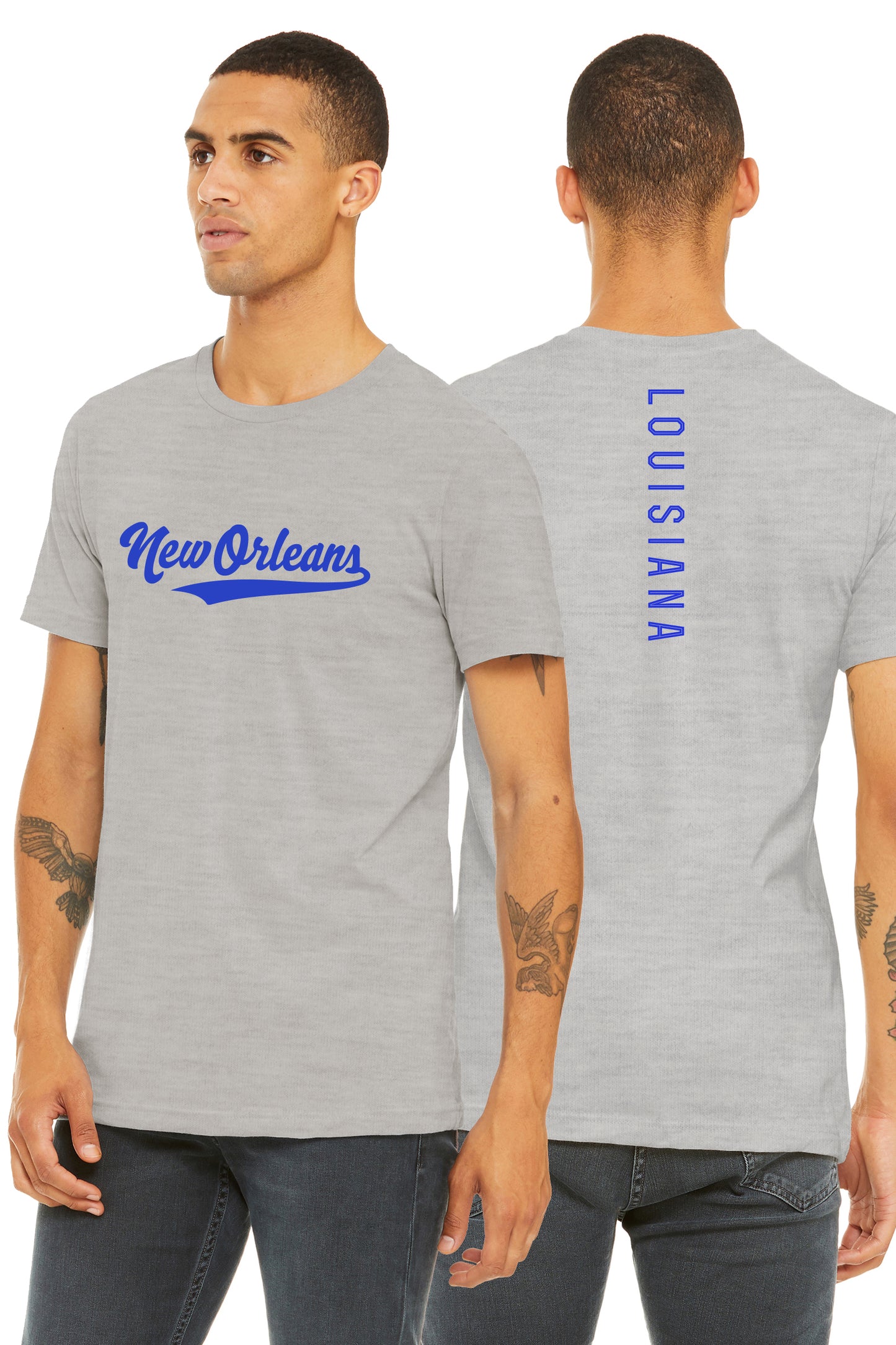 Daxton Adult Unisex Tshirt New Orleans Script with Louisiana Vertical on the Back
