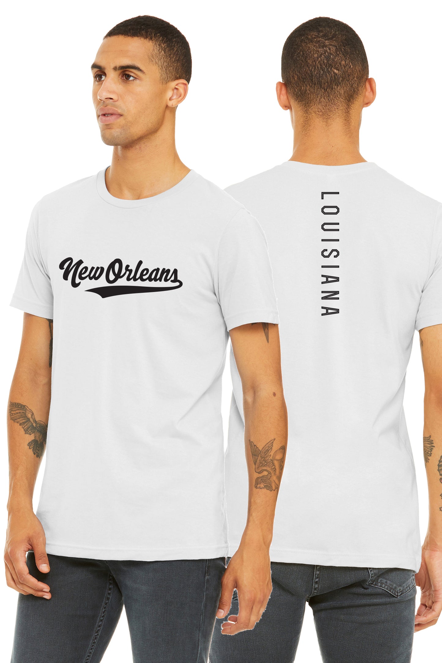 Daxton Adult Unisex Tshirt New Orleans Script with Louisiana Vertical on the Back