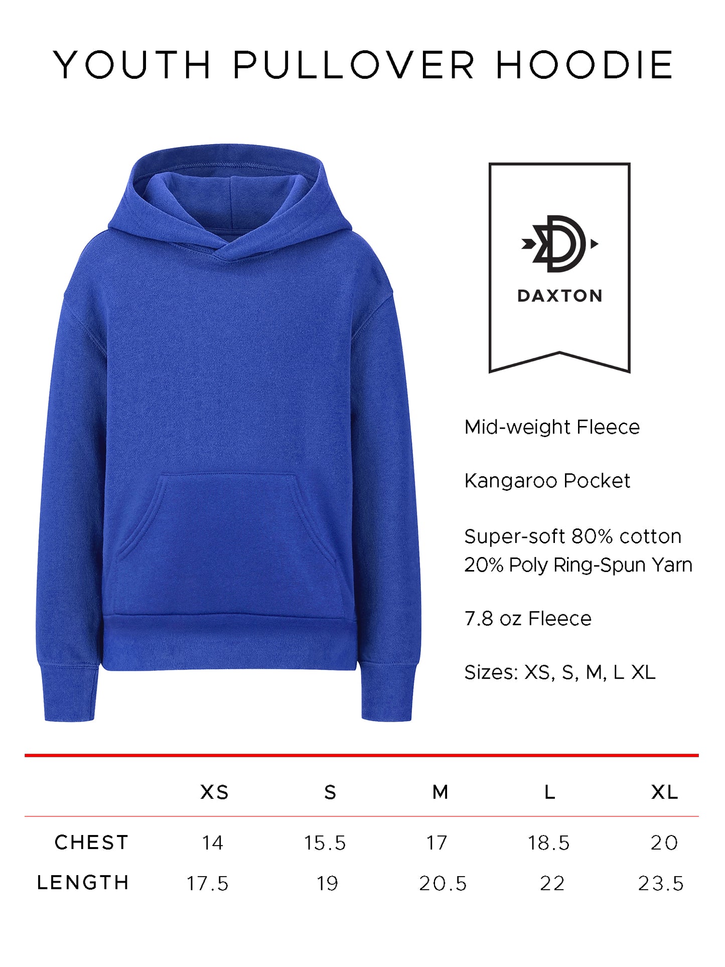 Daxton Youth Unisex Pullover Royal Hoodie Mid-Weight Fleece Sweater Custom White Numbers and Letters